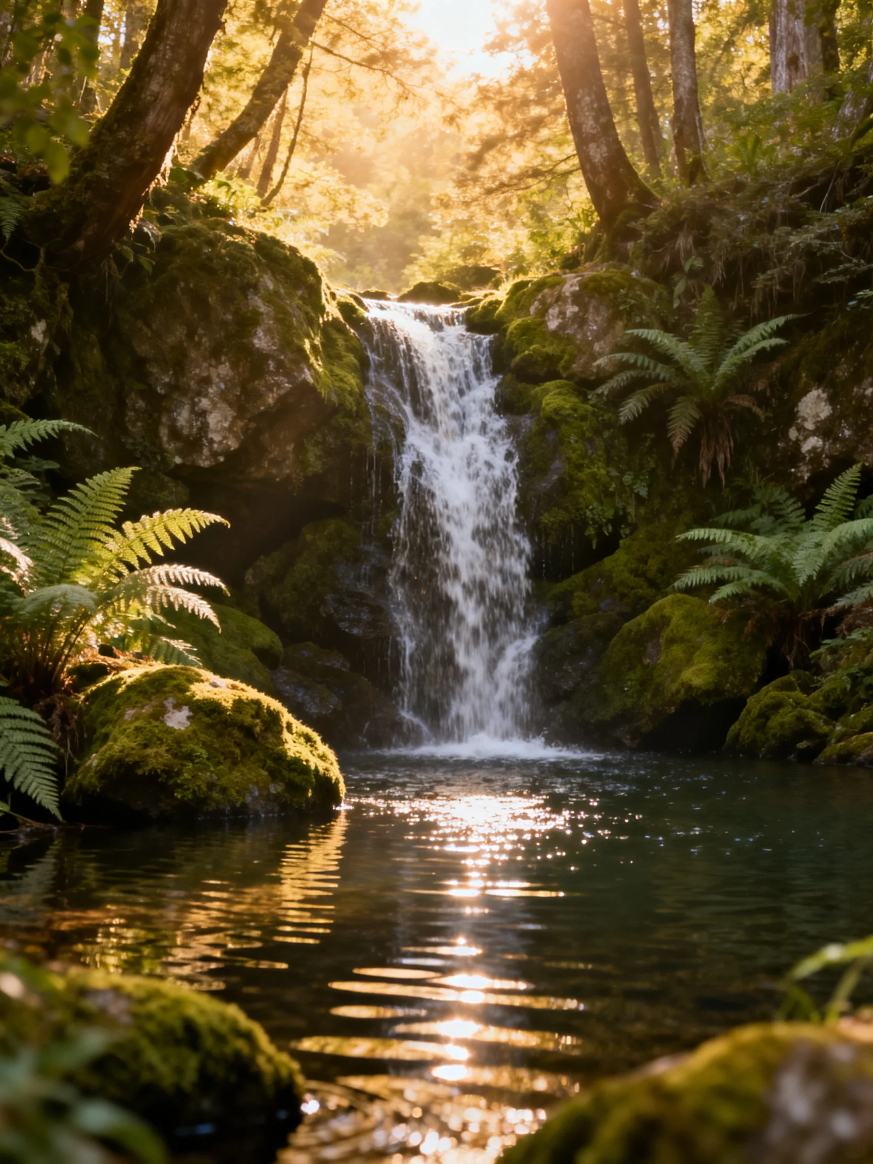 A small waterfall flows over mossy rocks among ferns in golden light