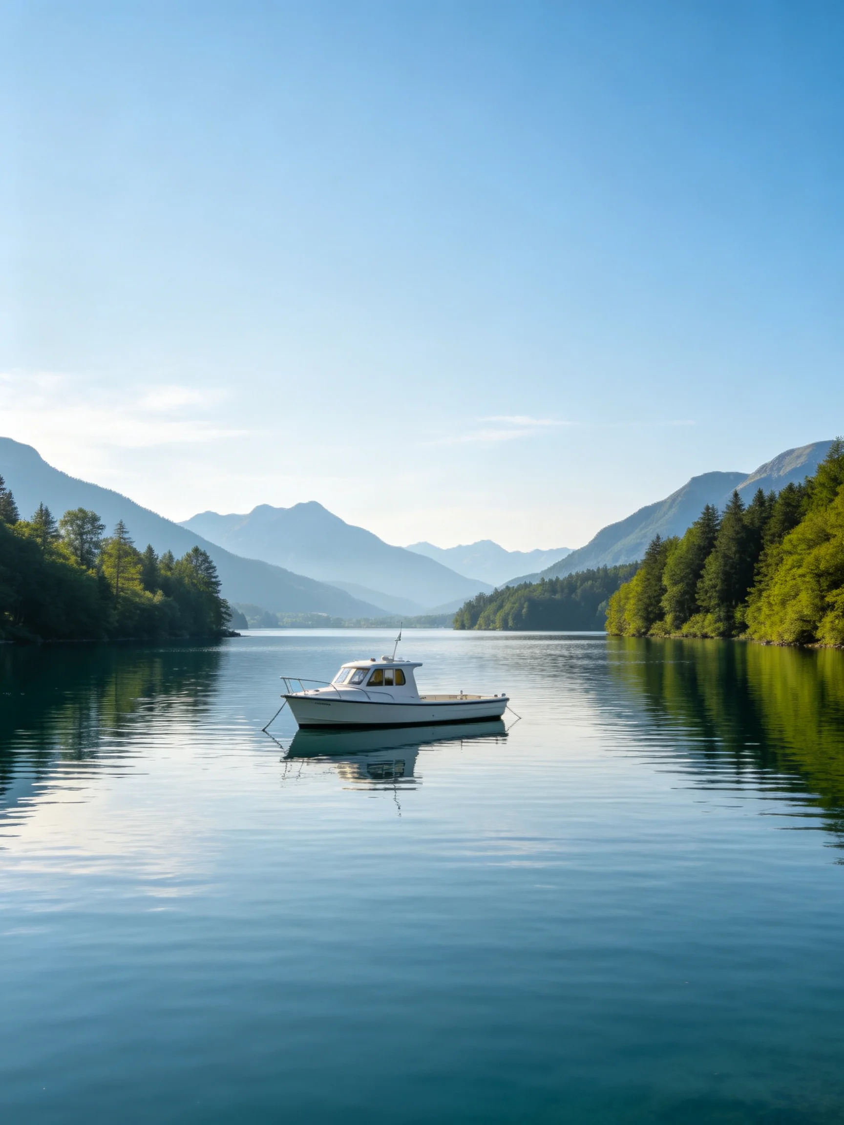A small white boat floats on calm blue water near forested mountains