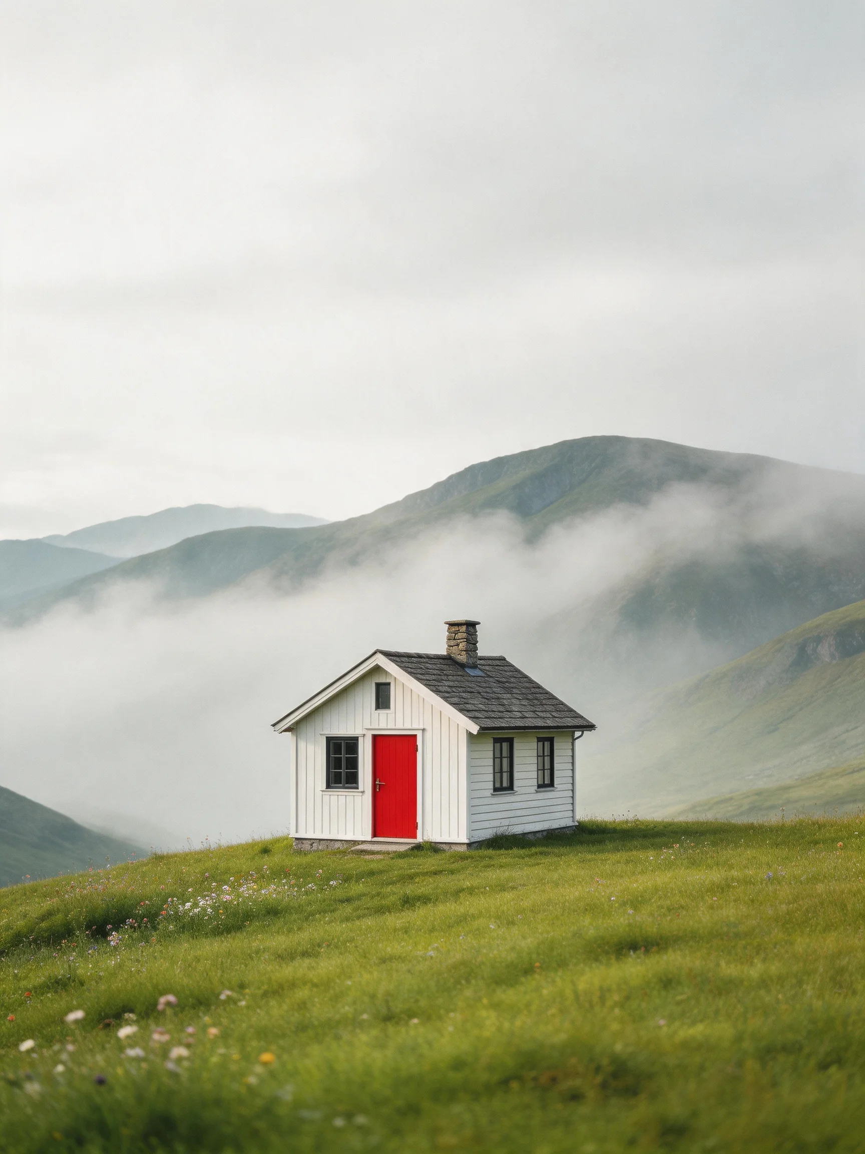 A small white cabin with a bright red door sits atop a misty green hillside.