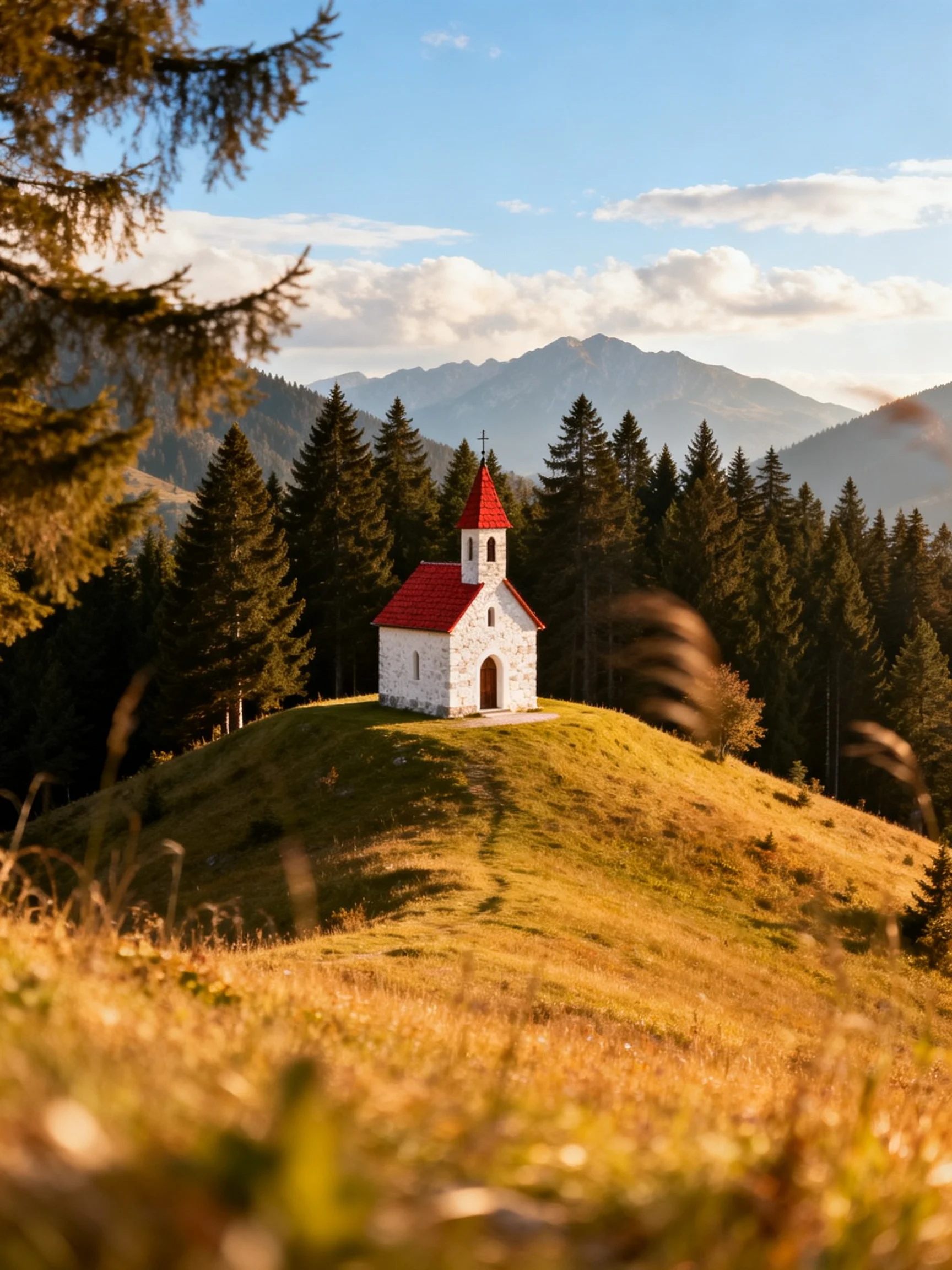 A small white chapel with red roof sits atop a grassy hill near pine trees and mountains