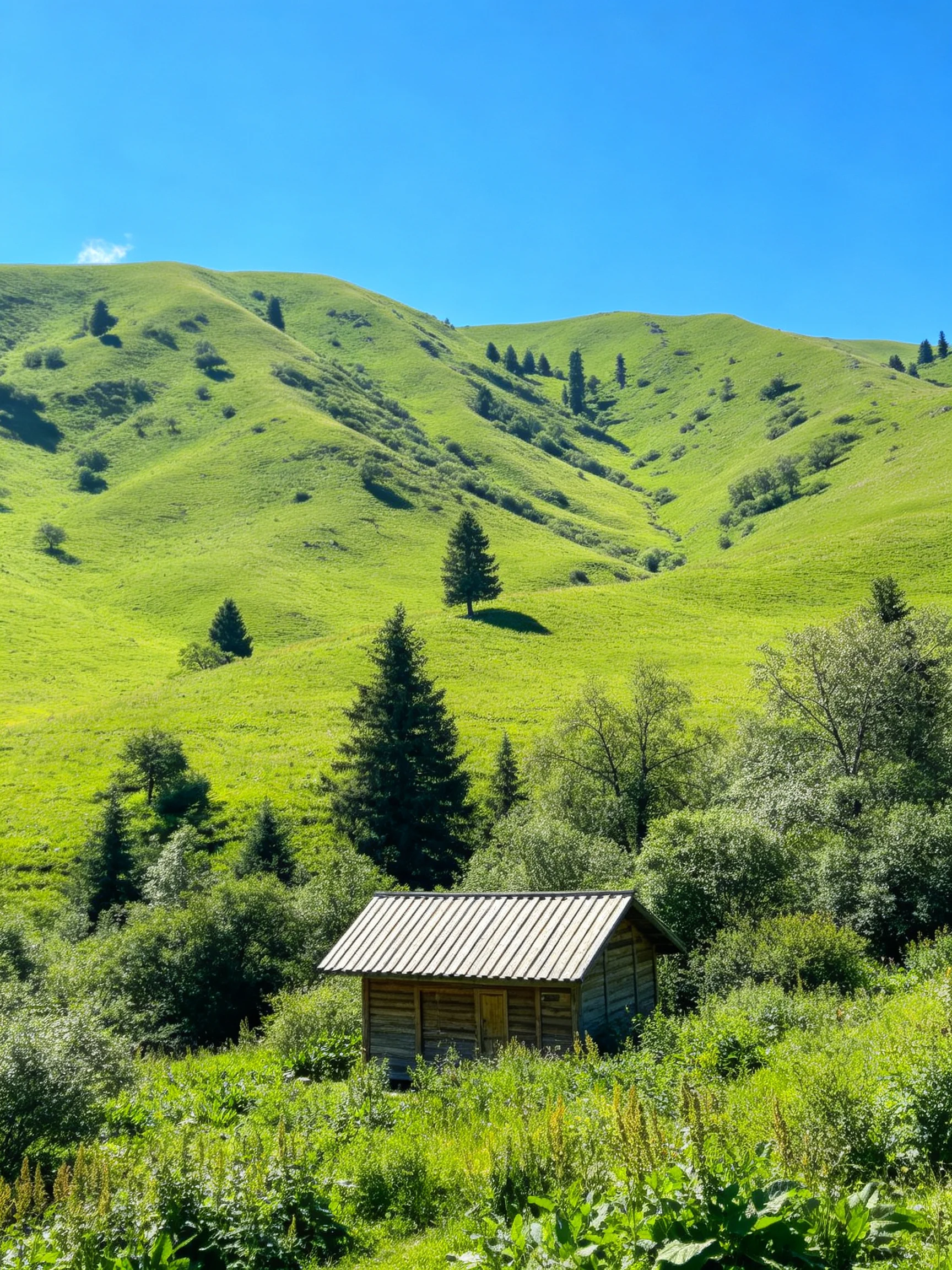 A small wooden cabin amid lush green rolling hills under bright blue sky