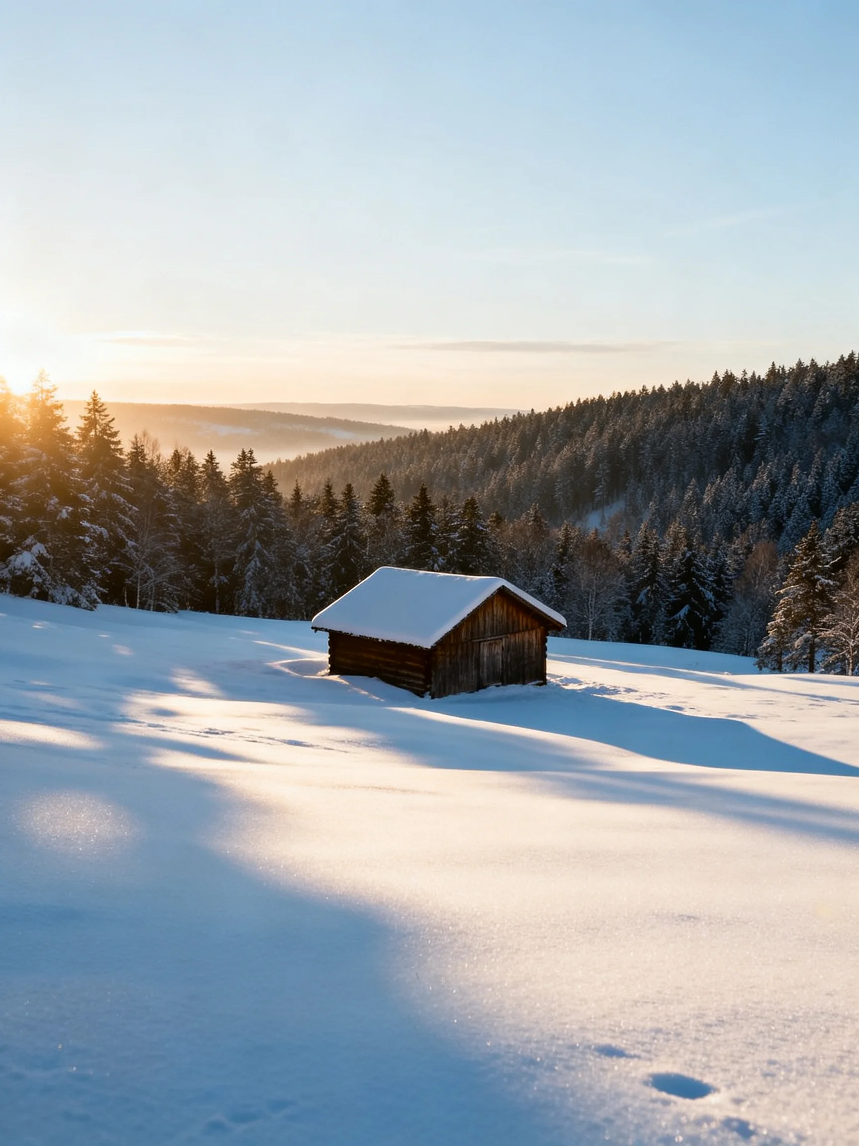 A small wooden cabin in a vast snow-covered field with forested hills