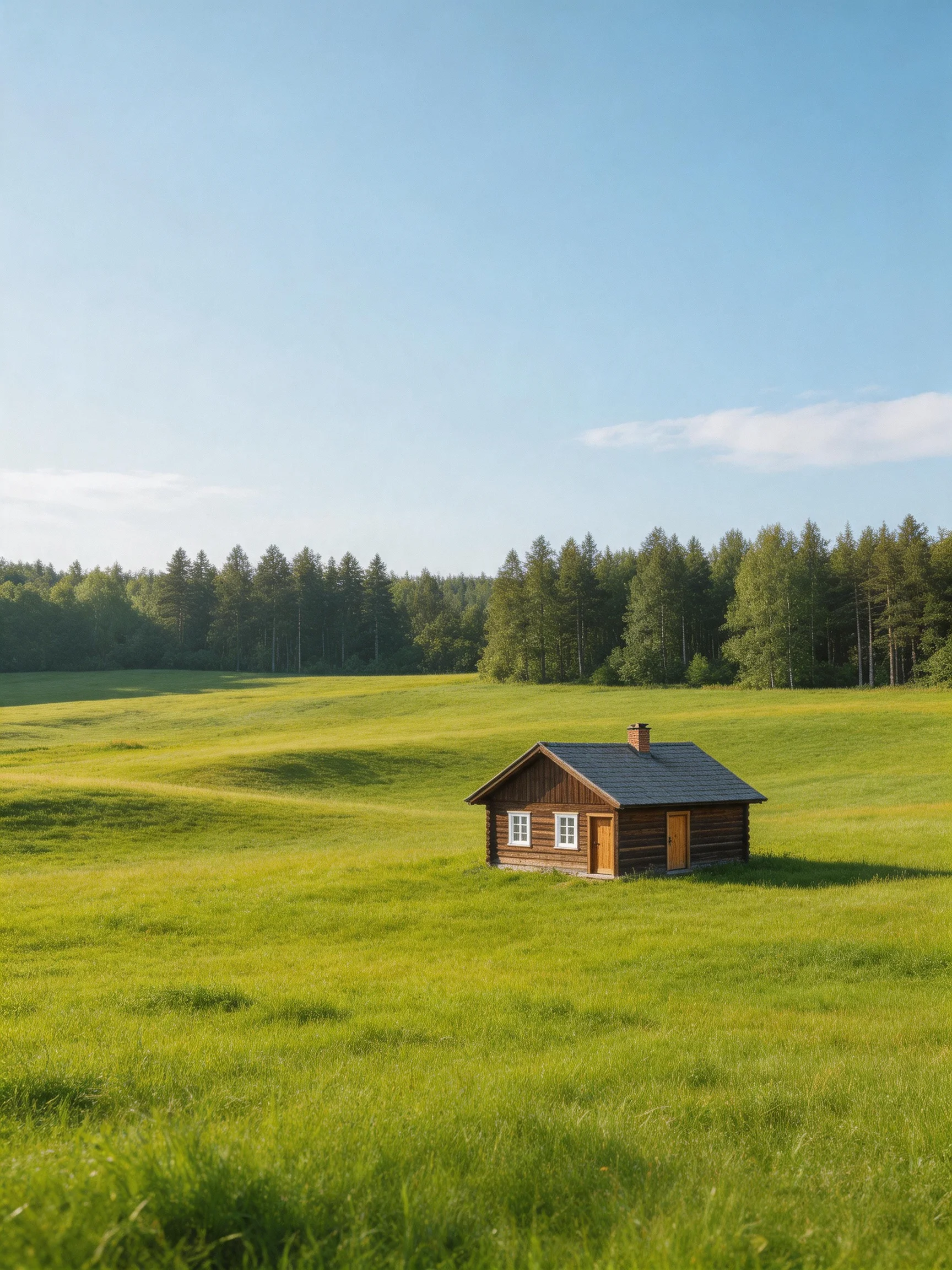 A small wooden cabin sits alone in a vast green meadow with forest backdrop