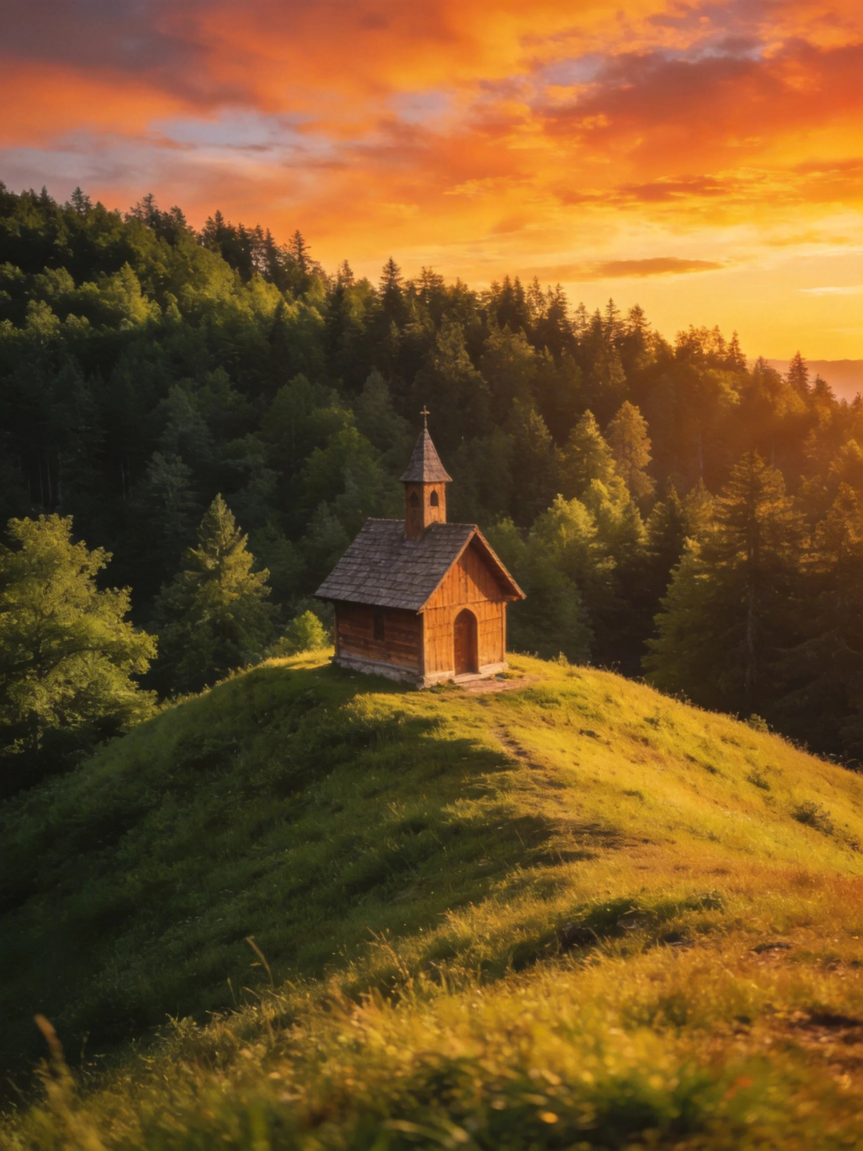 A small wooden chapel atop a grassy hill with dense forest under a vivid sunset