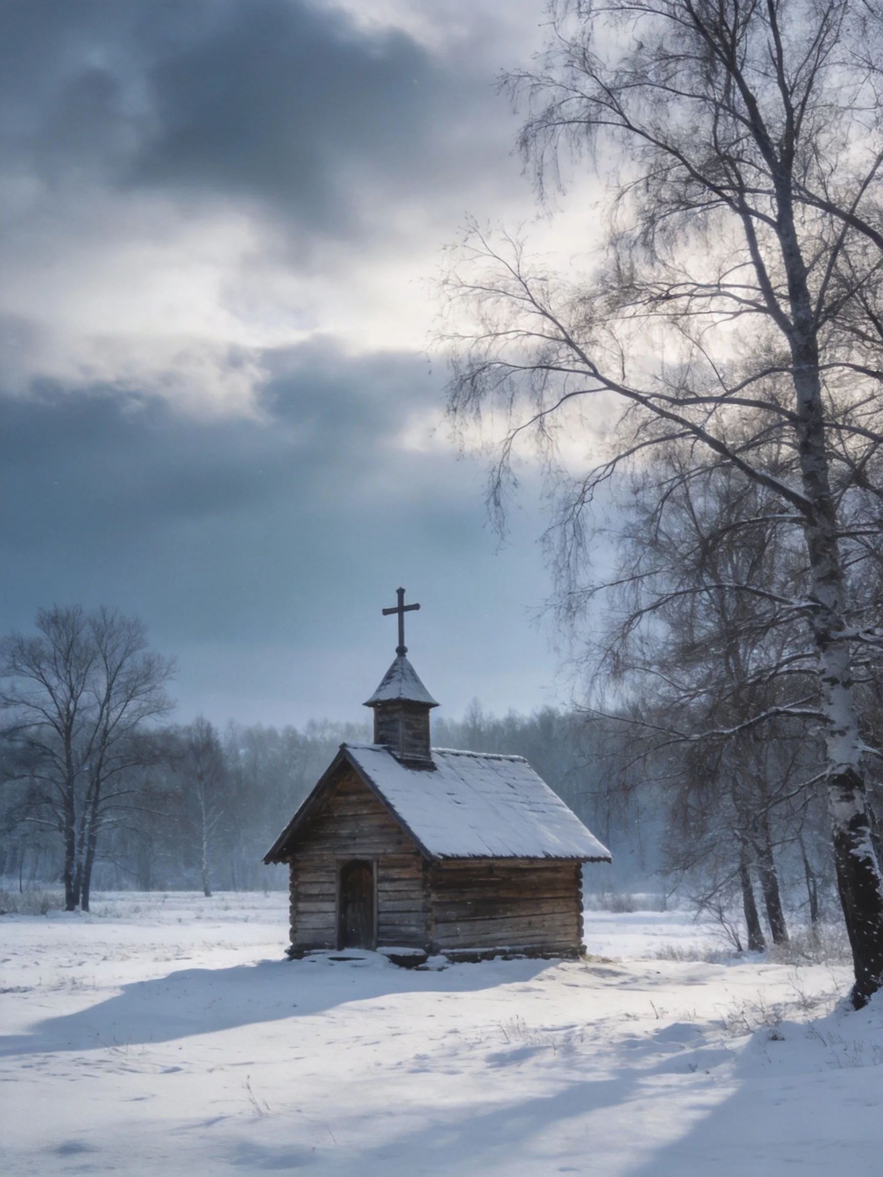 A small wooden chapel in a snowy landscape with birch trees