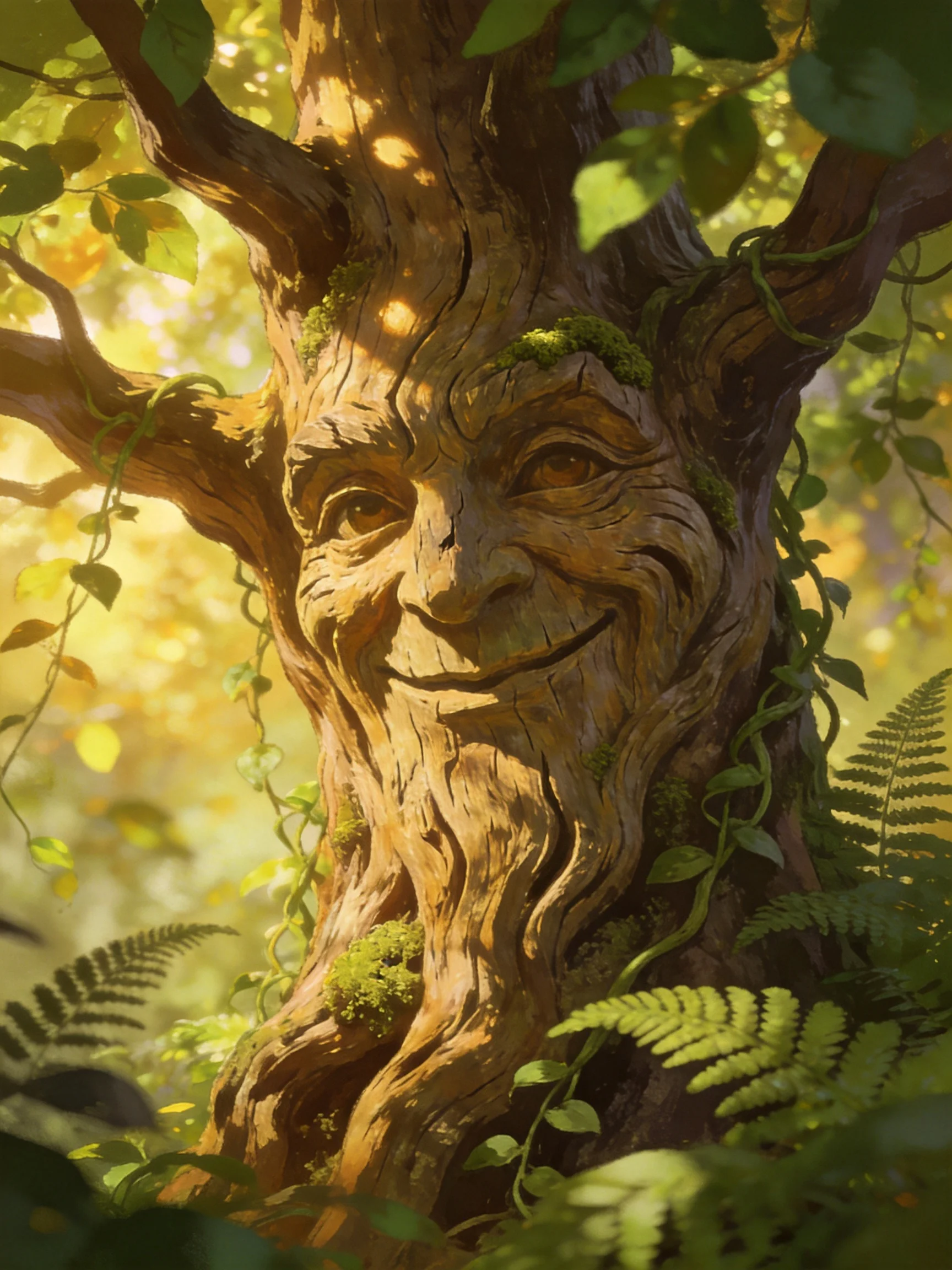 A smiling tree spirit surrounded by lush greenery