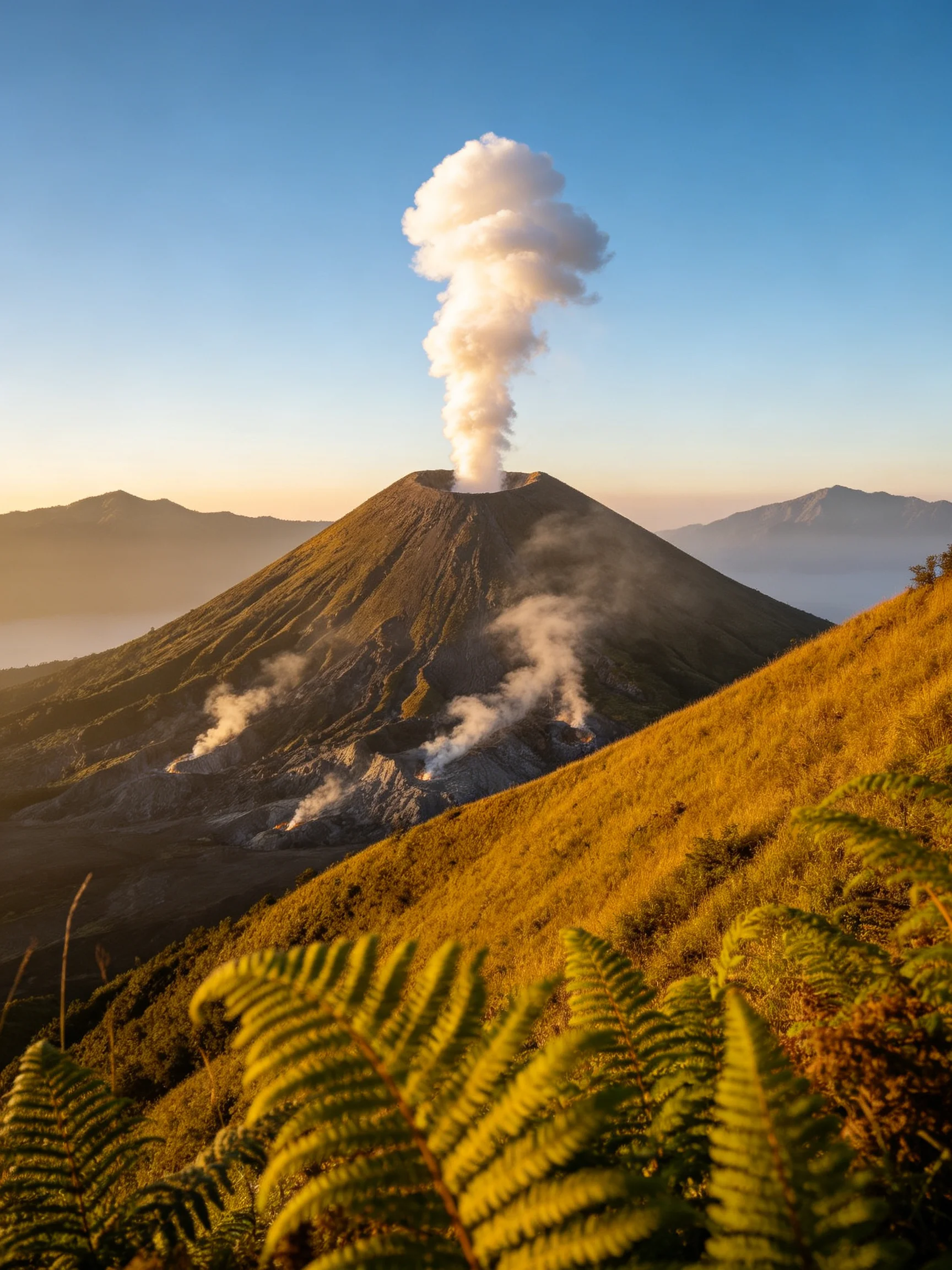 A smoking volcanic peak with golden hills and misty mountains