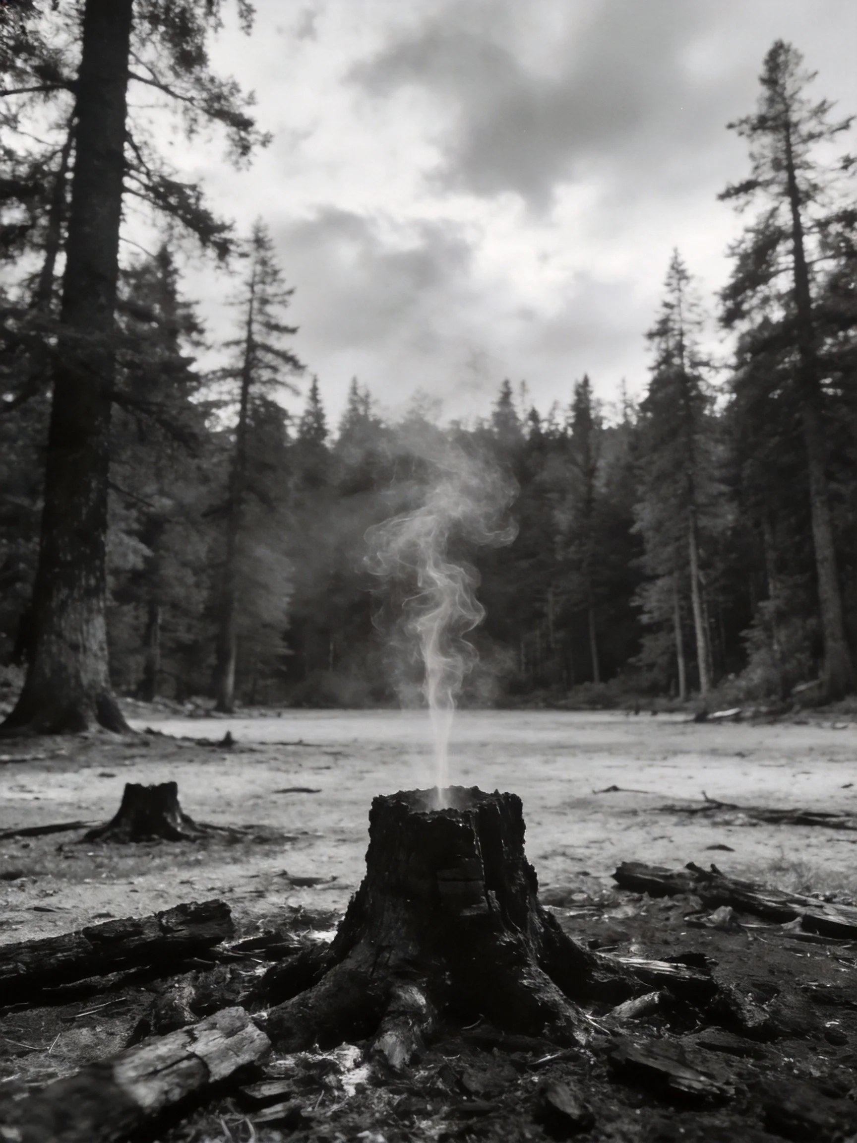 A smoldering tree stump emits vapor amid tall pine trees in a monochrome forest