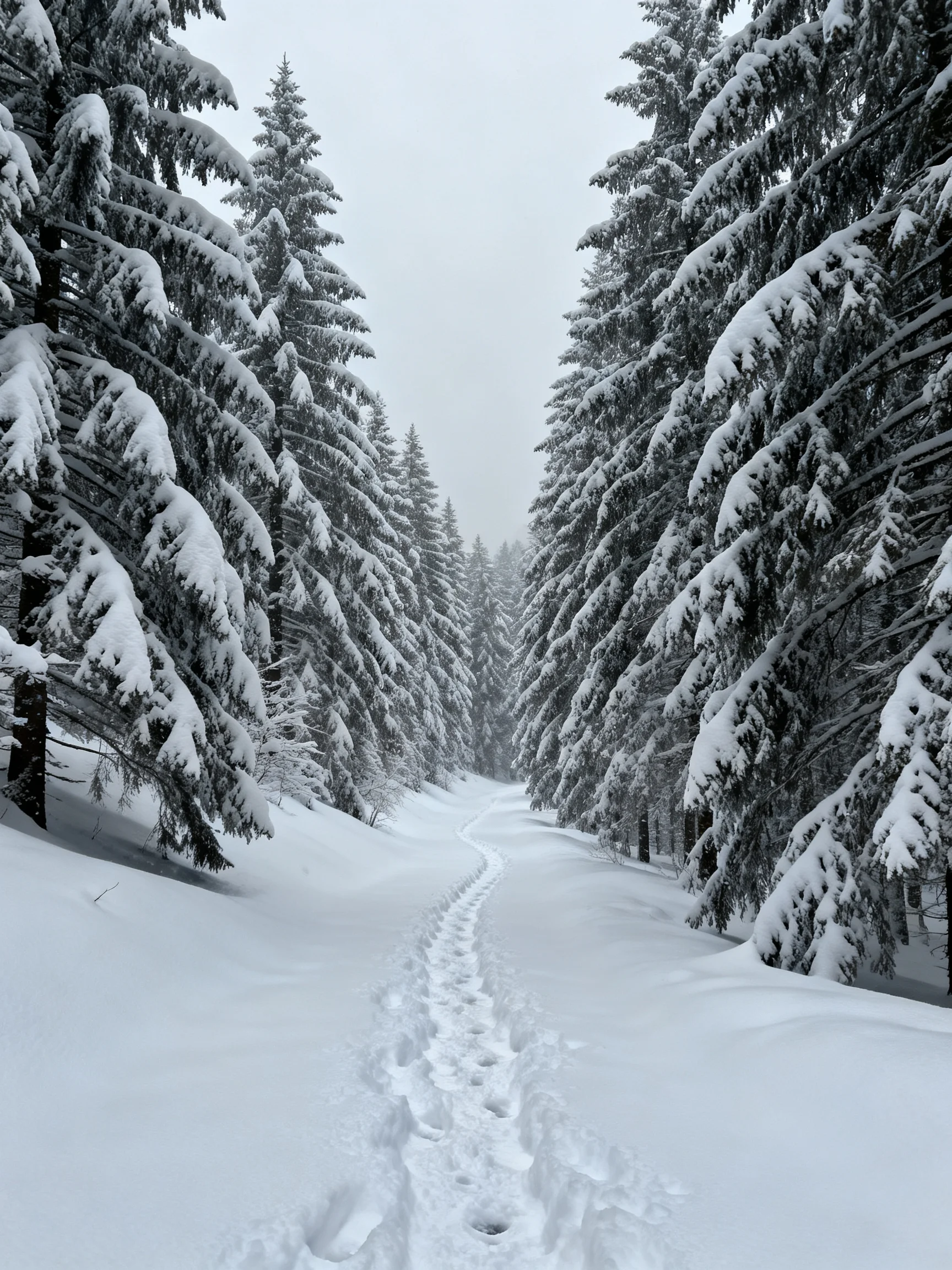 A snow - covered forest path lined by heavy - laden evergreen trees