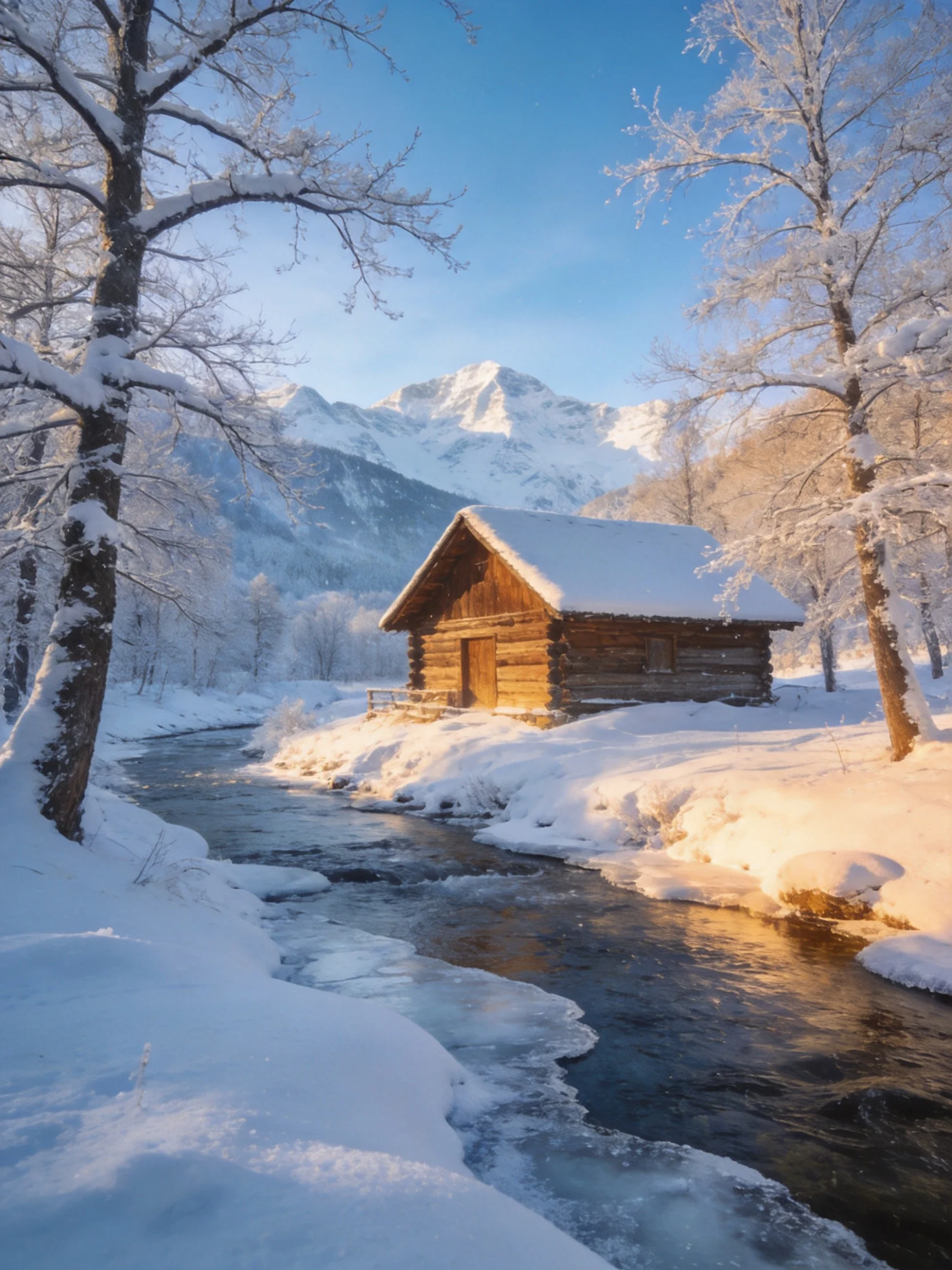 A snow - covered log cabin beside a frozen stream near mountain peaks