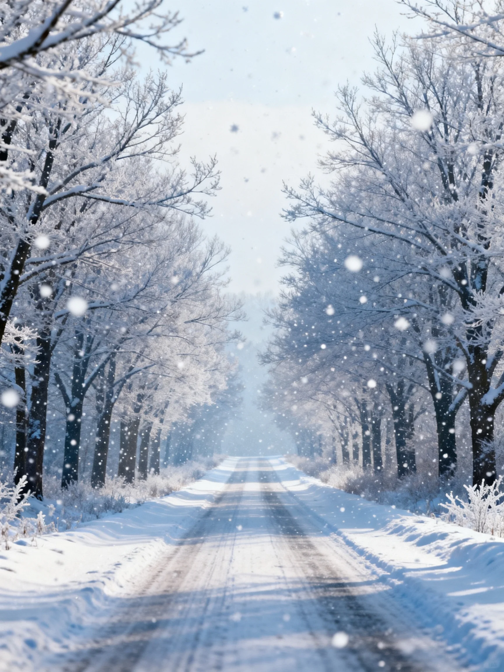 A snow - covered road flanked by frosty trees under falling snow