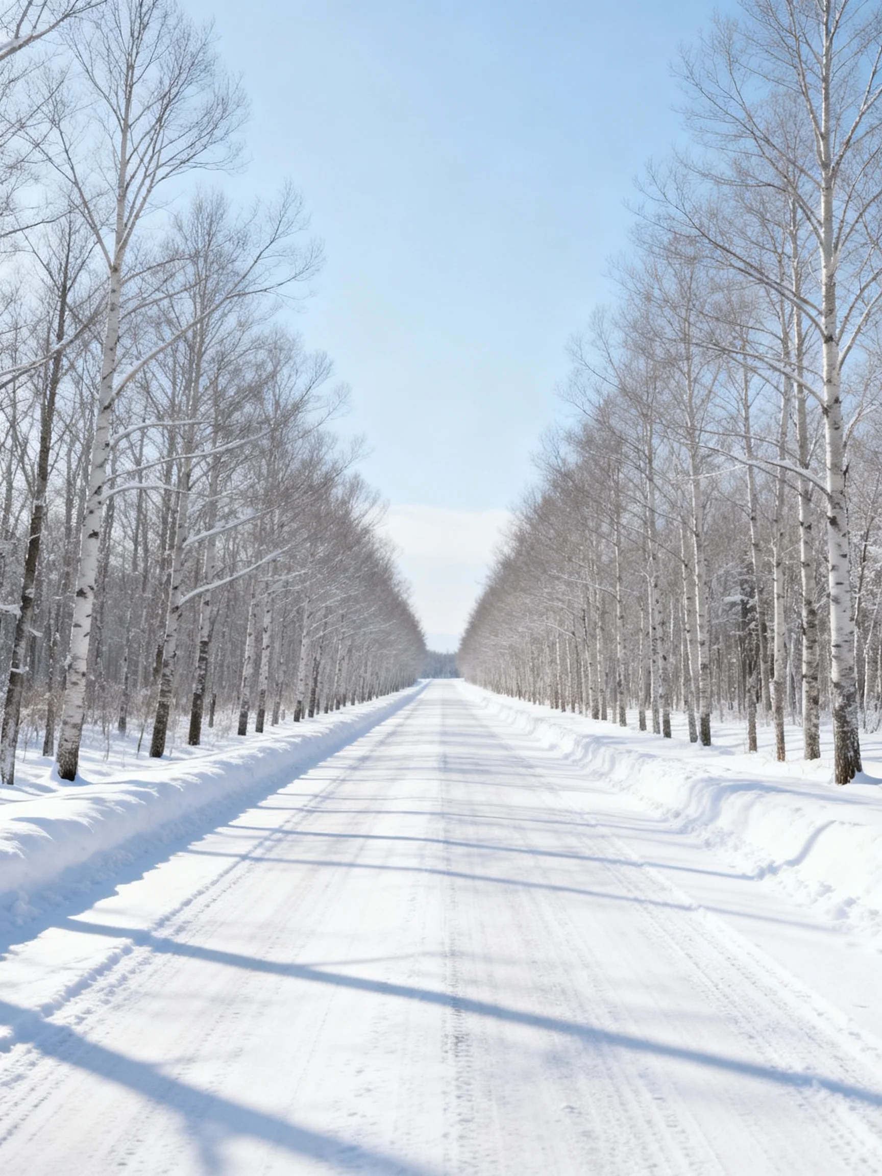 A snow - covered road flanked by tall, bare birch trees under clear blue sky