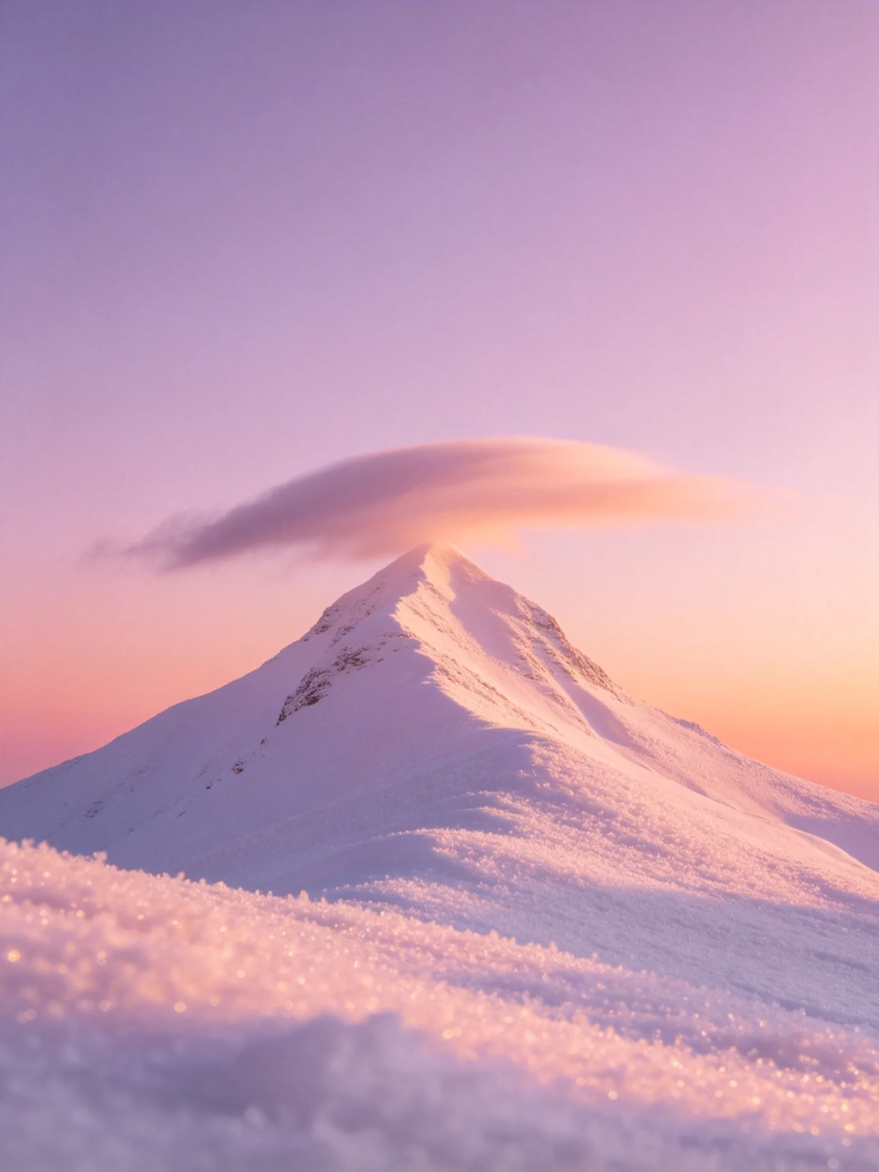 A snow-capped mountain peak with a cloud formation under a pastel-colored sky
