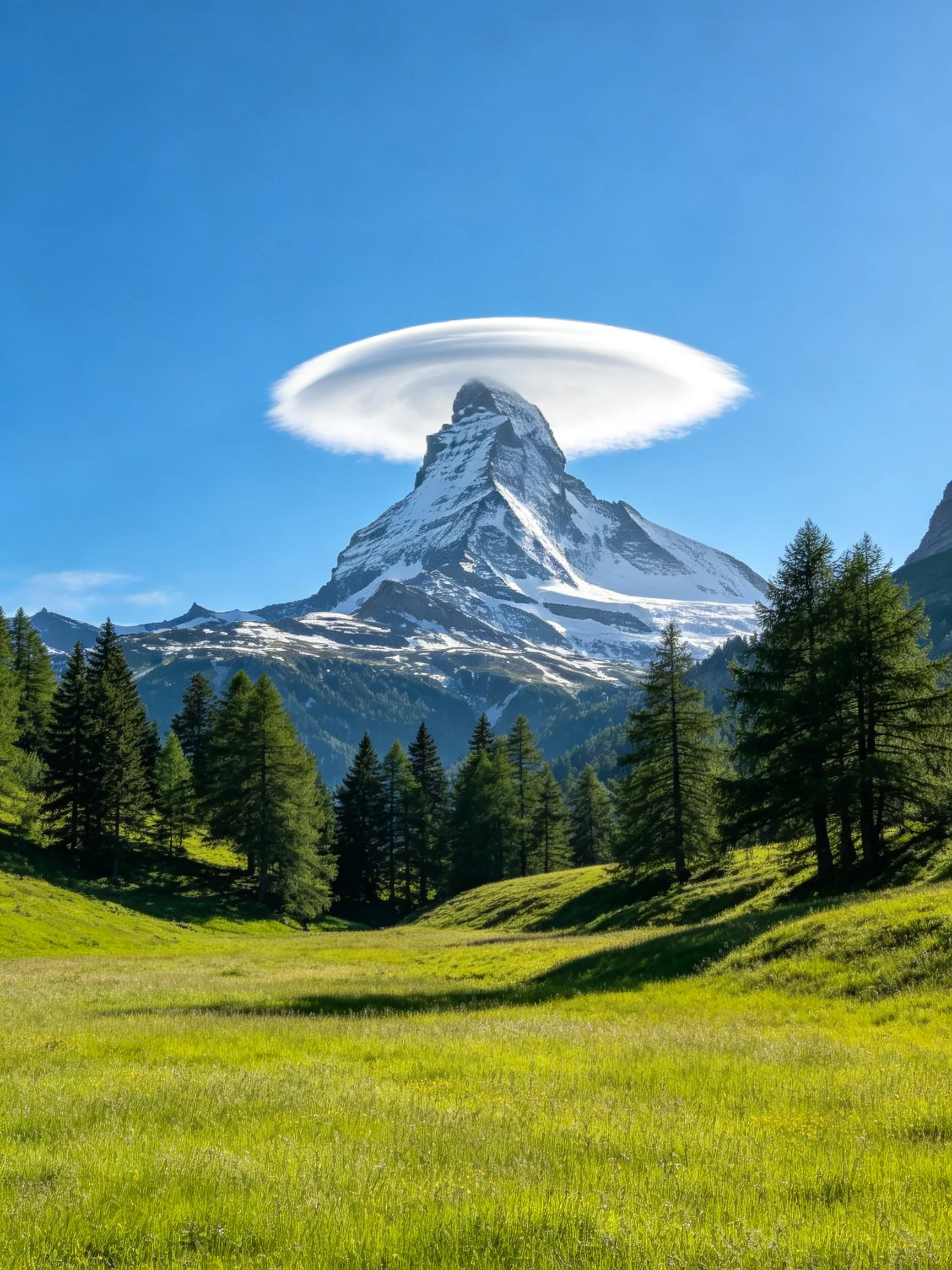 A snow-capped mountain with a lenticular cloud over a green meadow