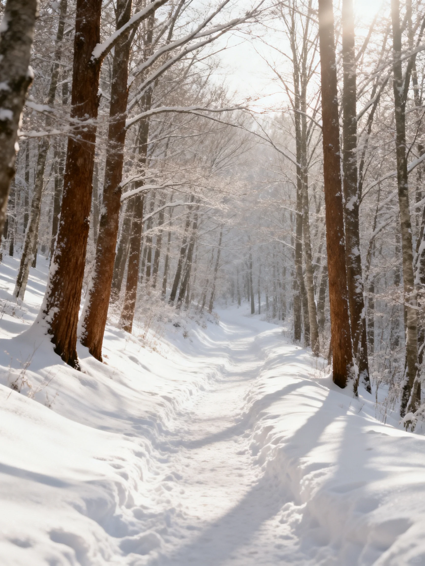 A snow-covered forest path flanked by tall brown-trunked trees
