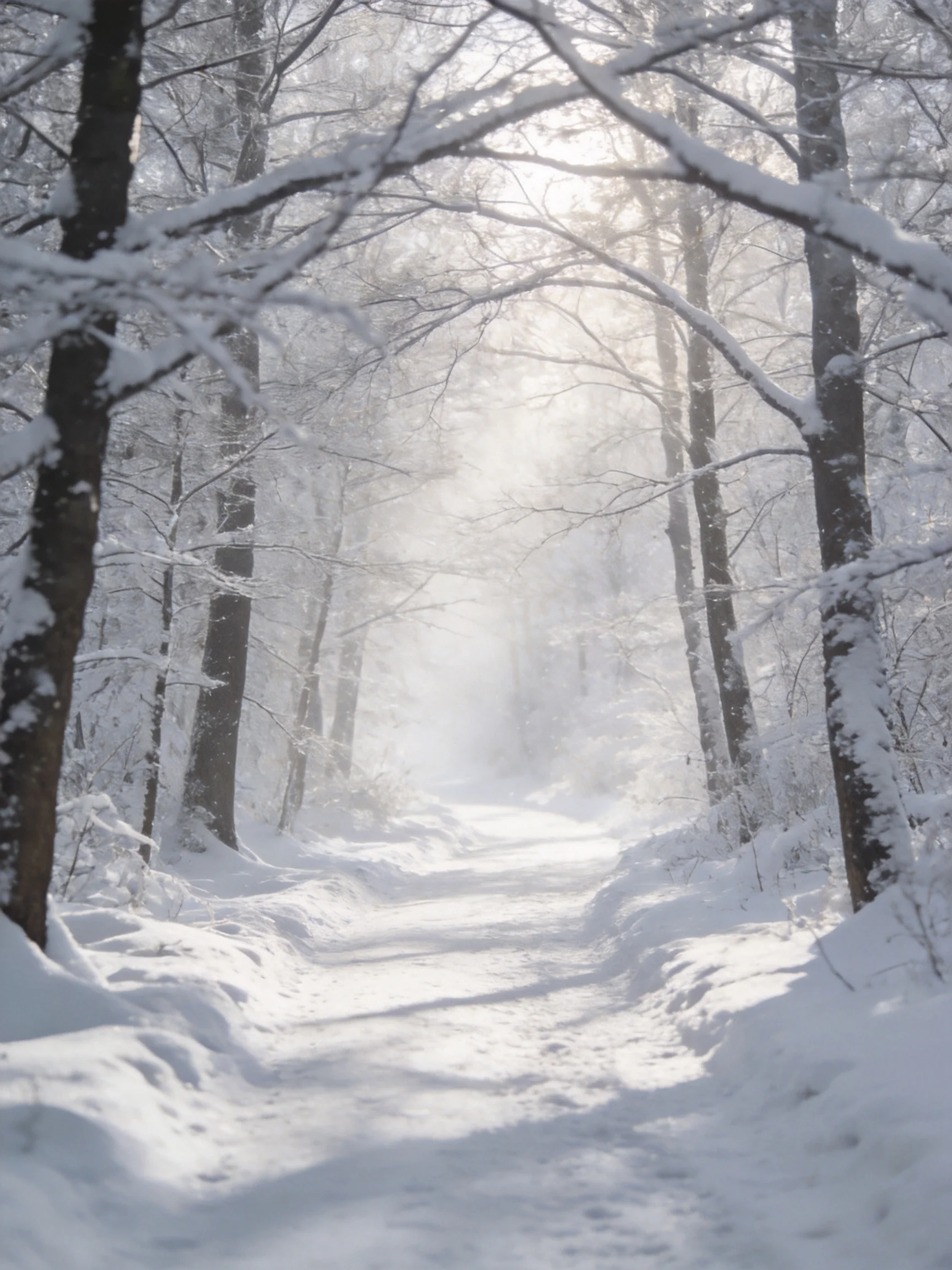A snow-covered forest path with tall dark trees and bright sunlight