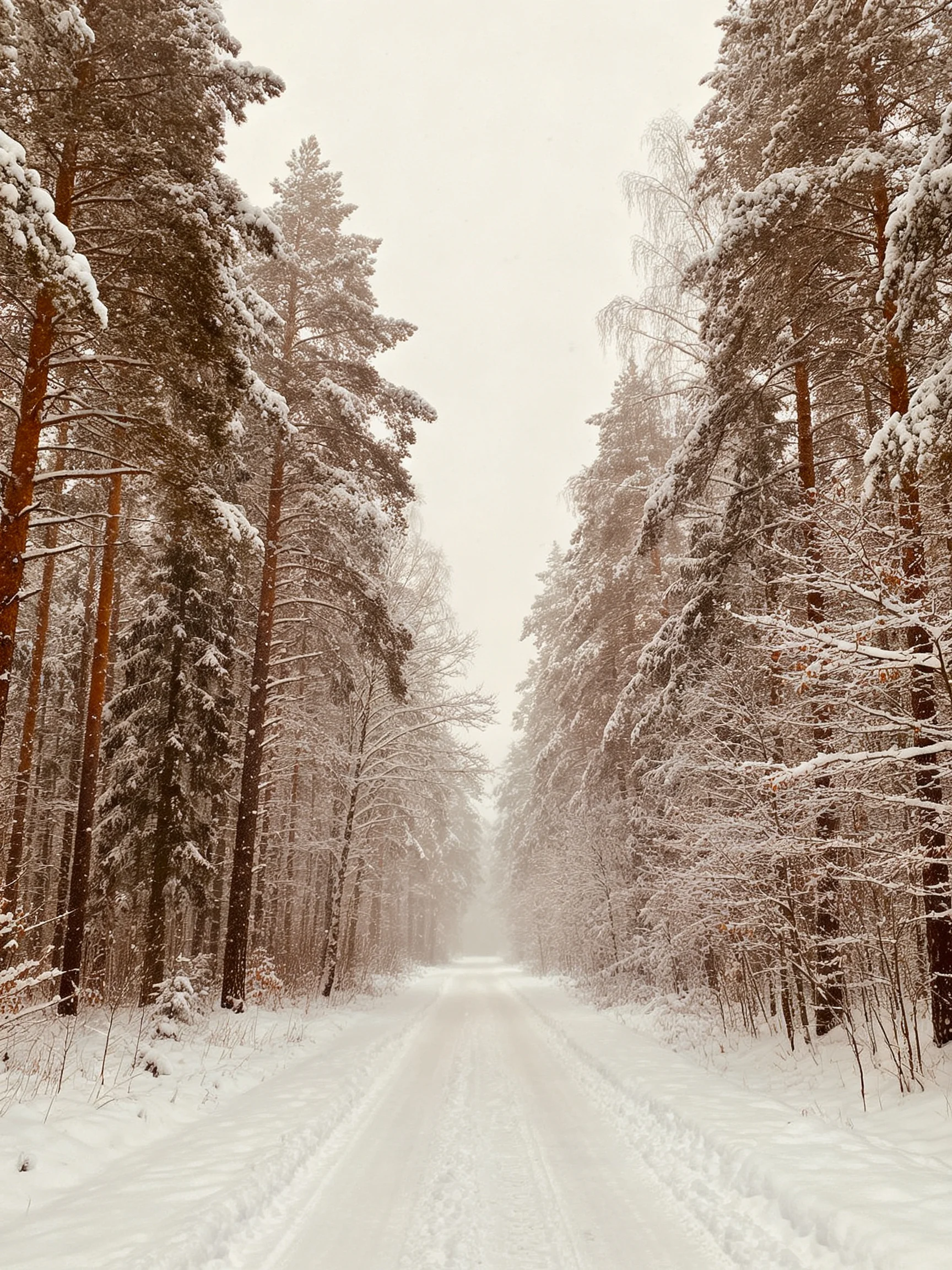 A snow-covered path winds through a dense forest of frosty evergreens