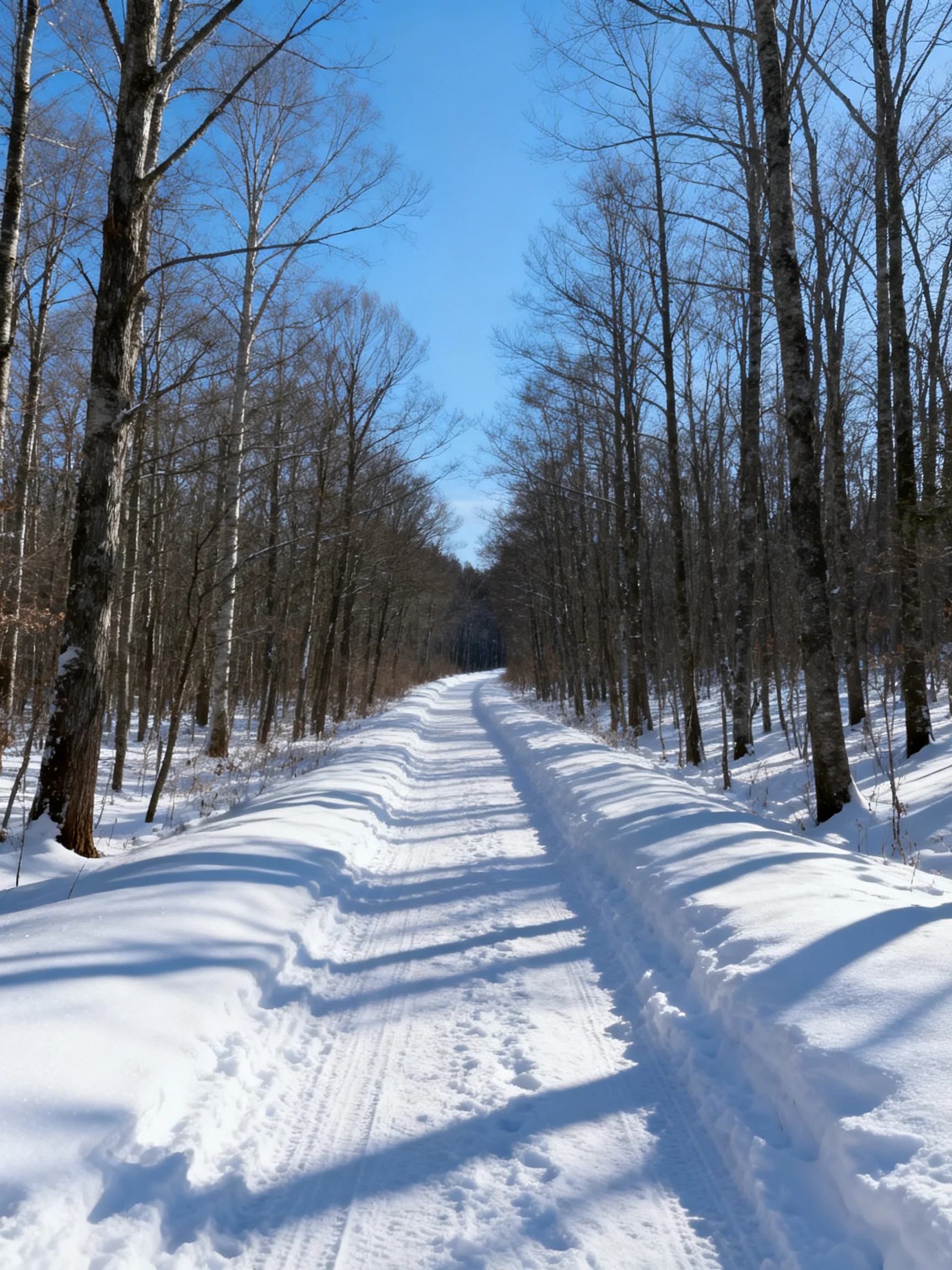 A snow-covered path winds through a forest of bare trees