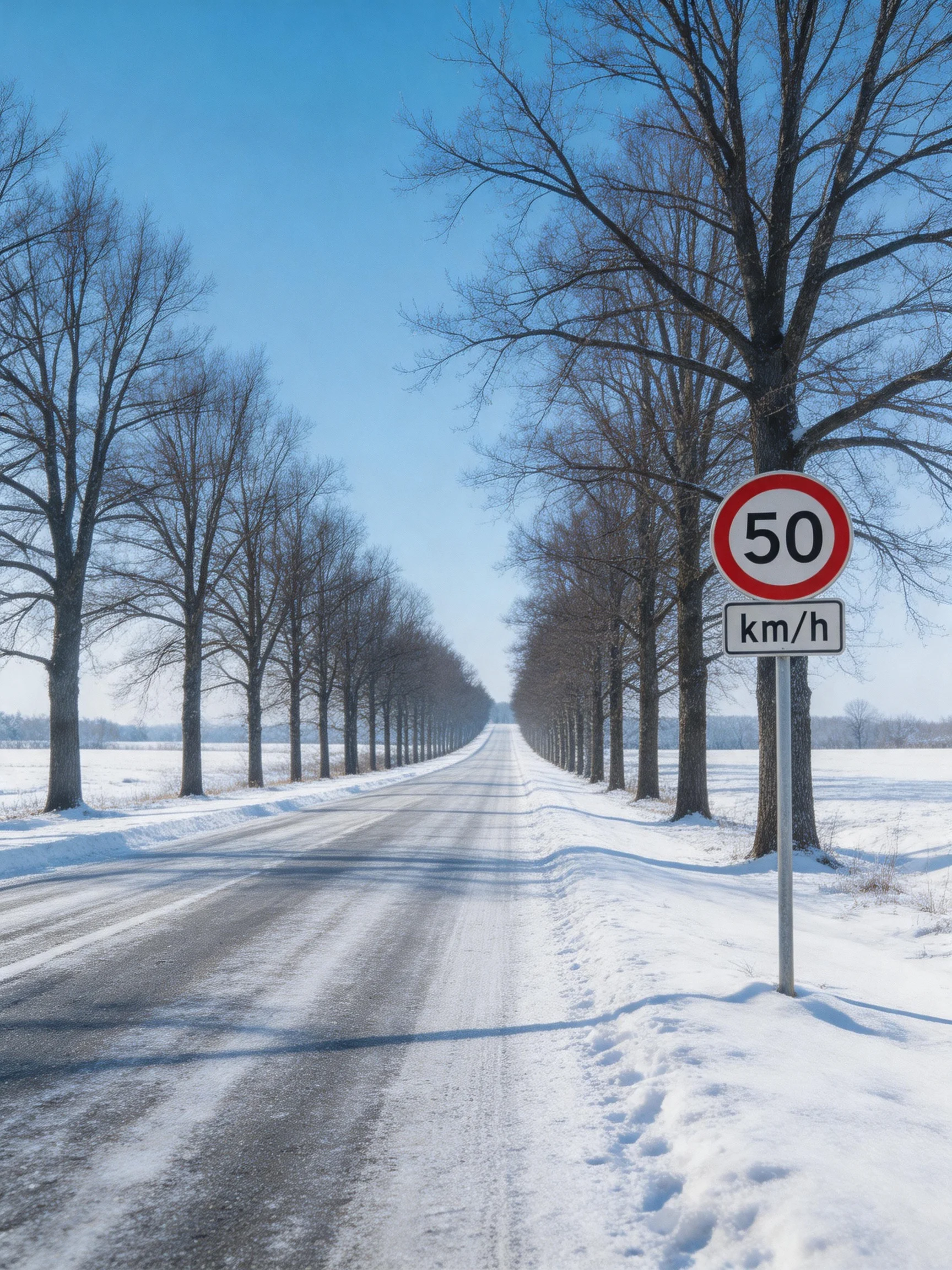 A snow-covered road lined with bare trees has a 50 km/h speed sign