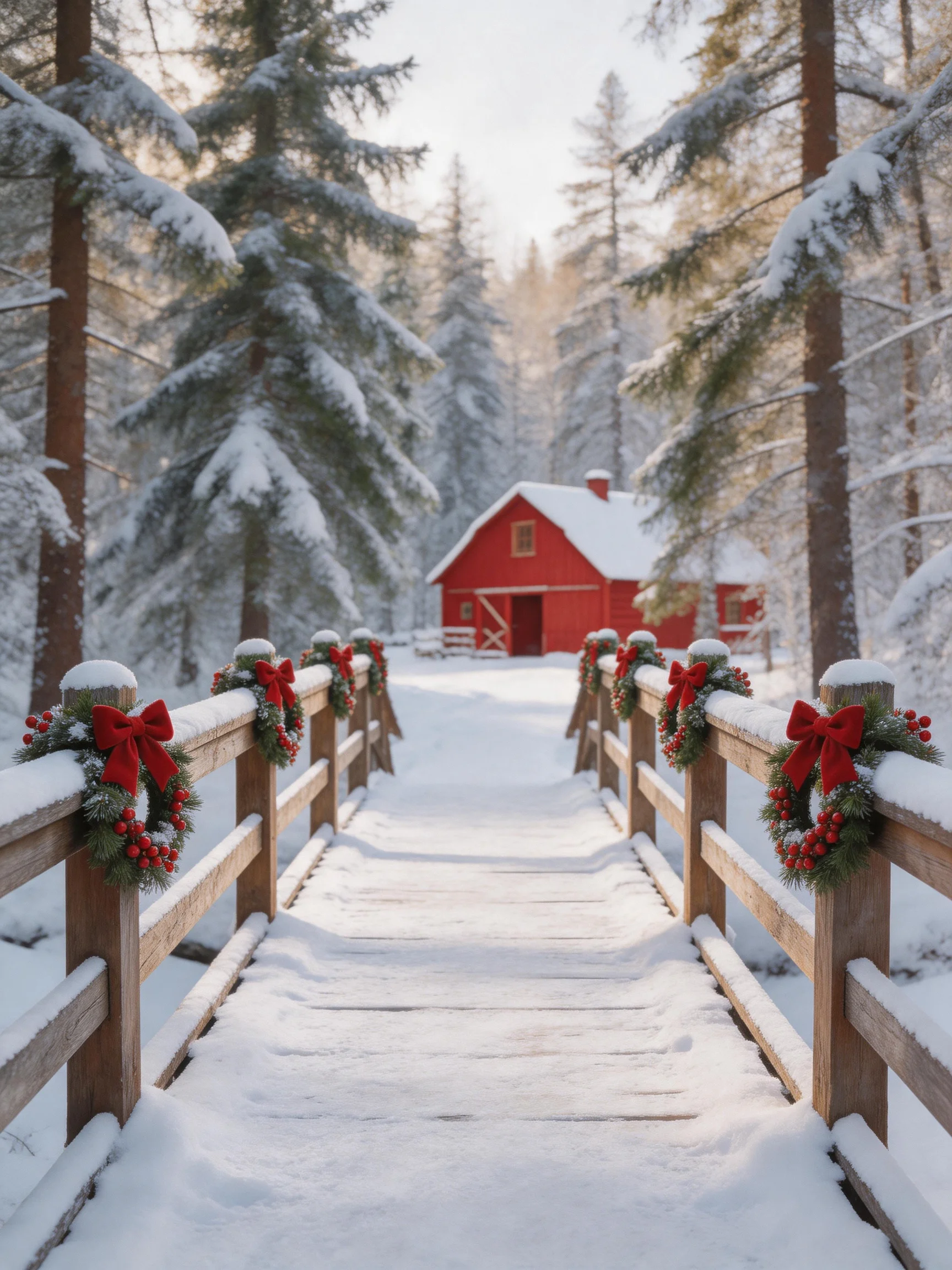A snow-covered wooden bridge with festive wreaths leads to a bright red barn amid snow-laden pines