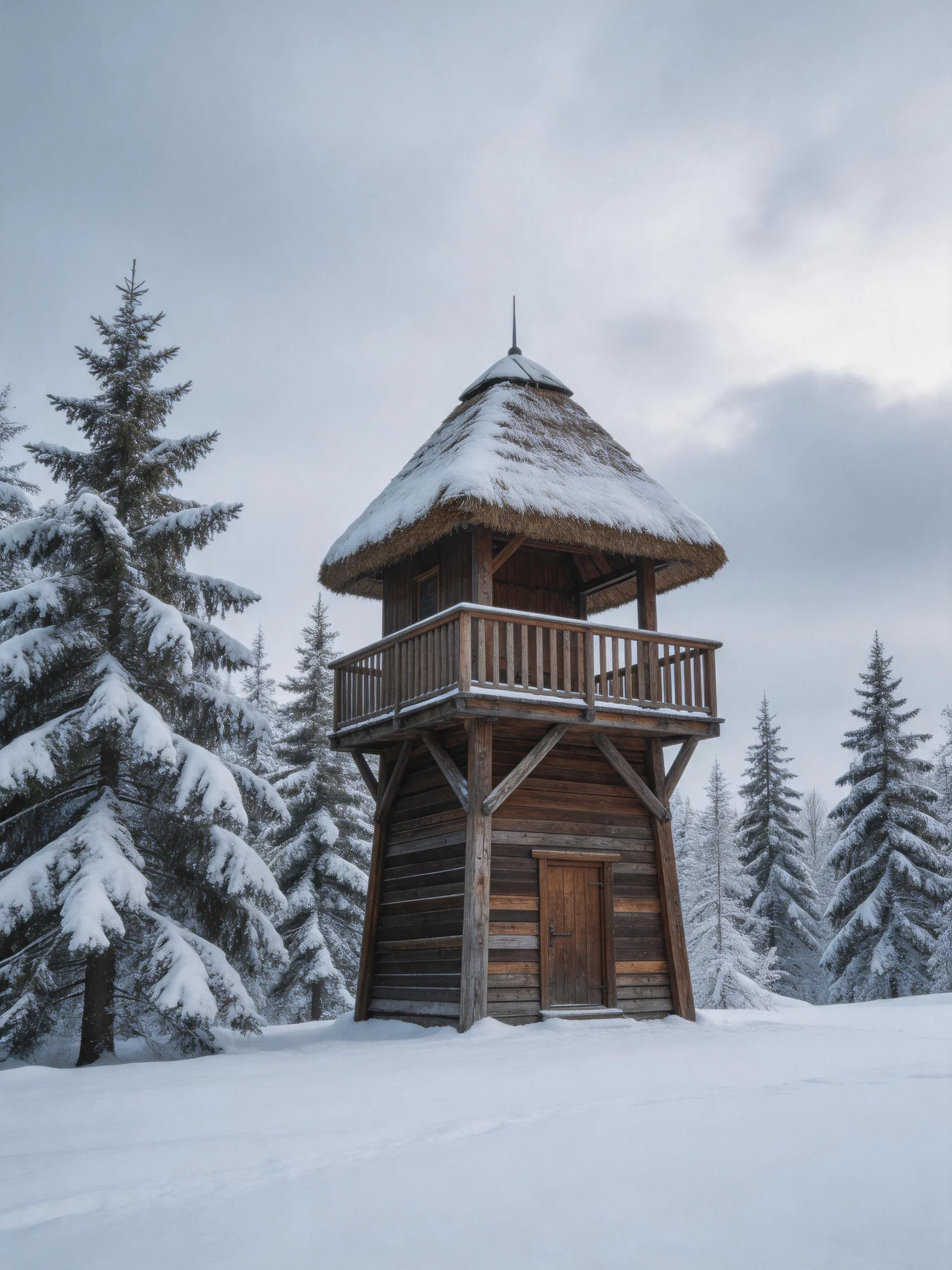 A snow-covered wooden watchtower near frosty evergreen trees