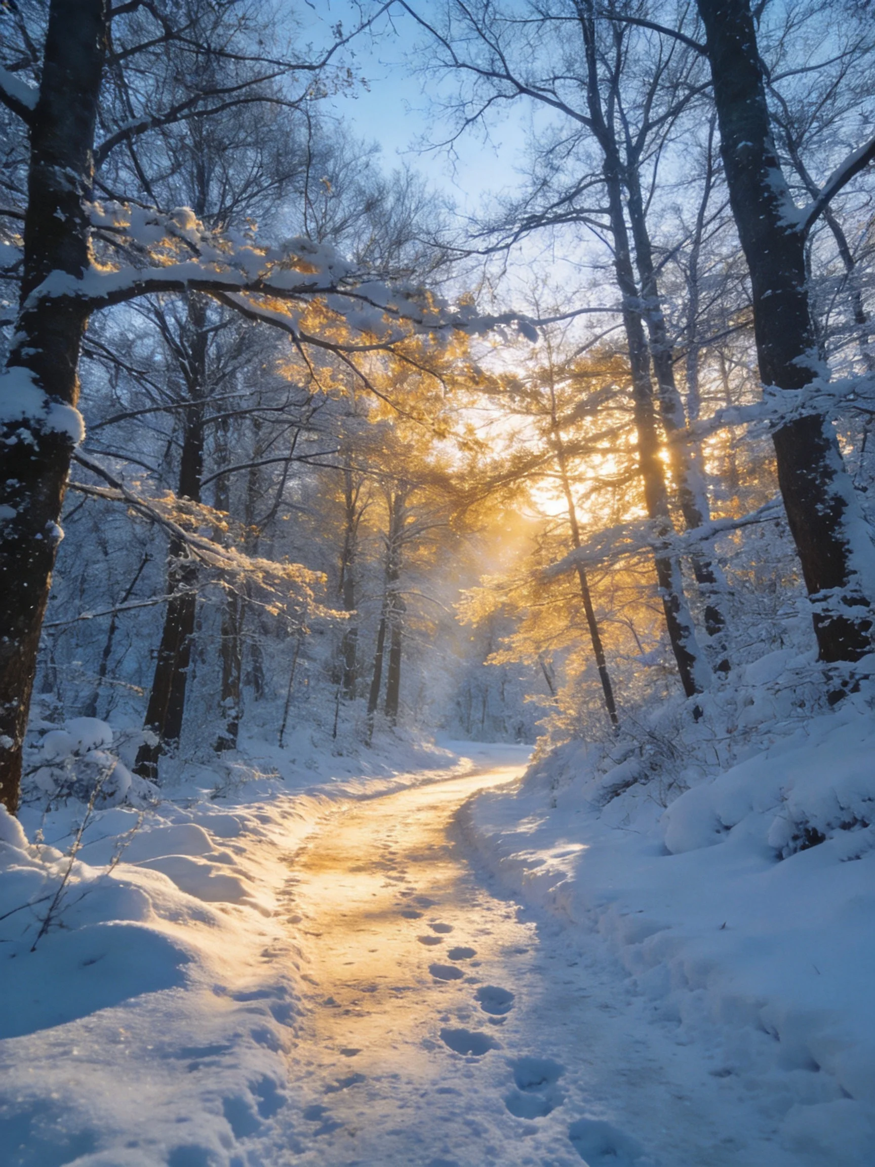 A snow-draped forest path illuminated by golden sunlight
