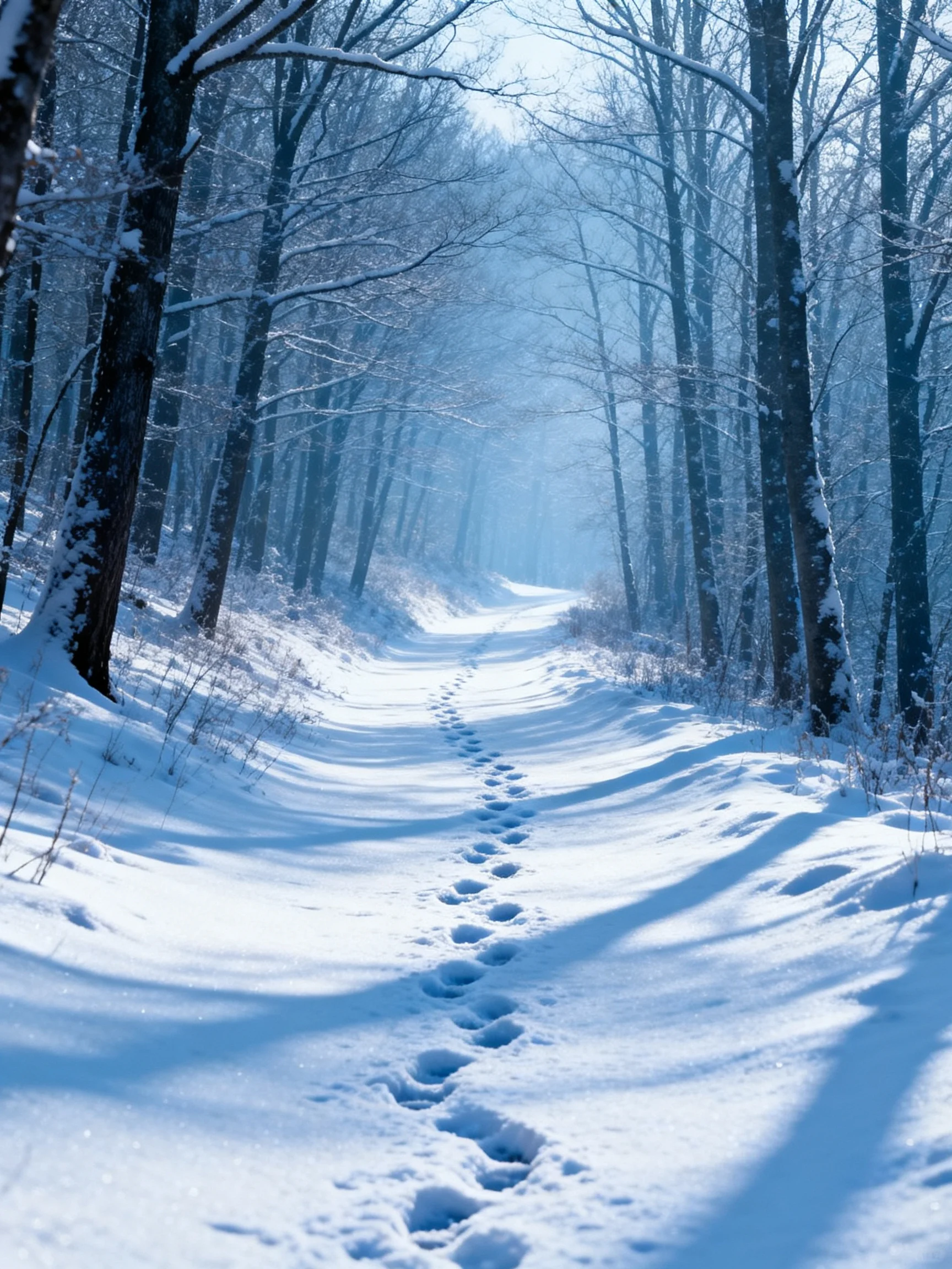 A snow-draped forest path with frost-coated trees and footprints
