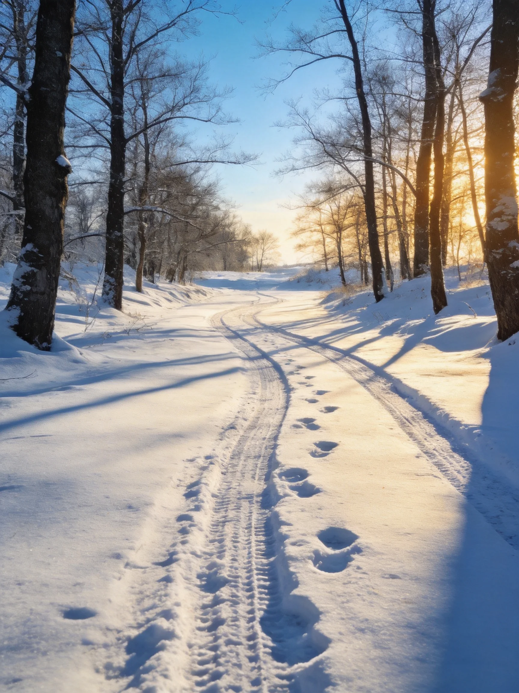 A snow-draped forest path with vehicle tracks and footprints under golden sunlight