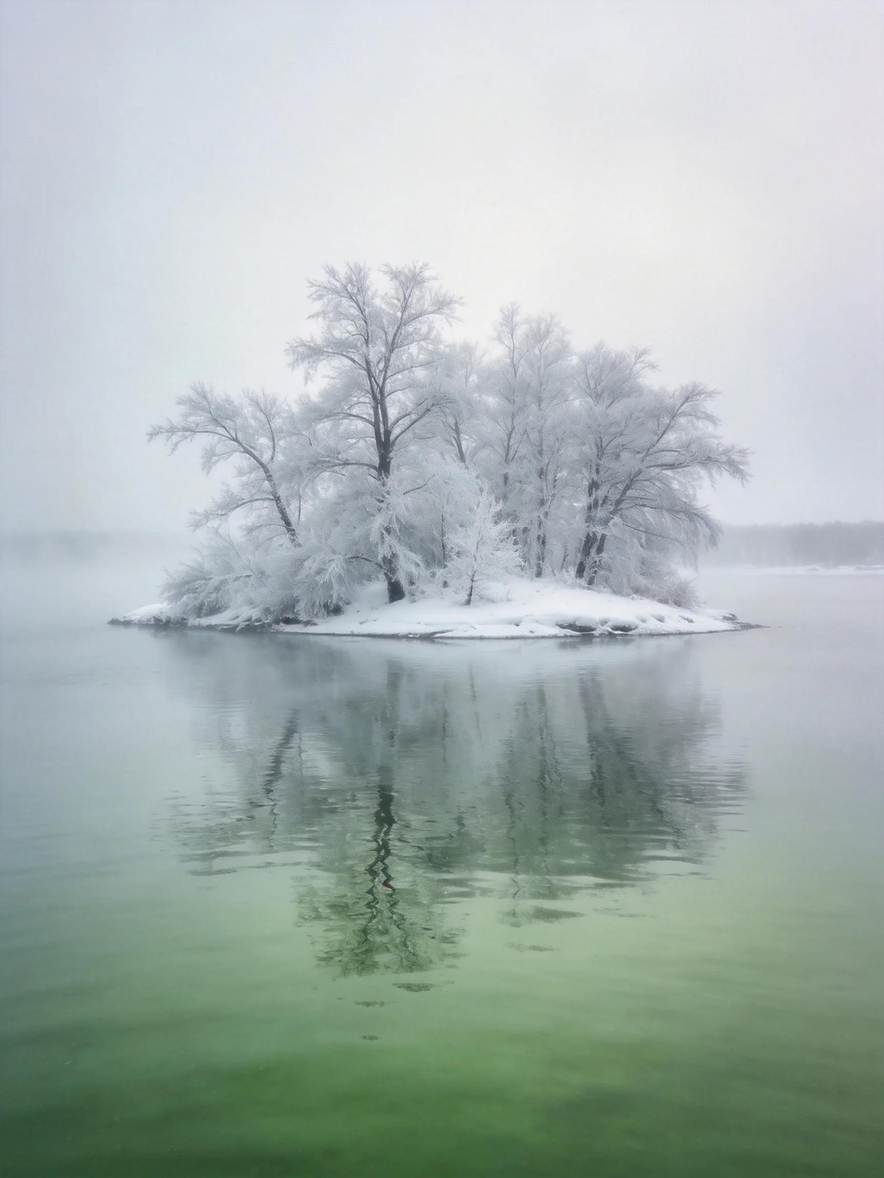 A snow-draped island with frosty trees reflects in greenish water