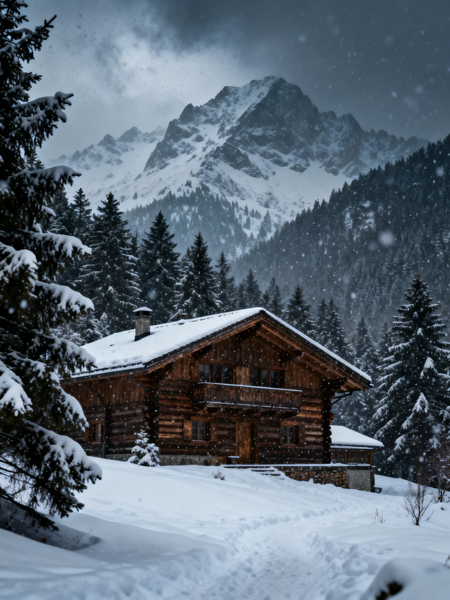 A snow-draped log cabin nestled among evergreen trees with towering mountain peaks