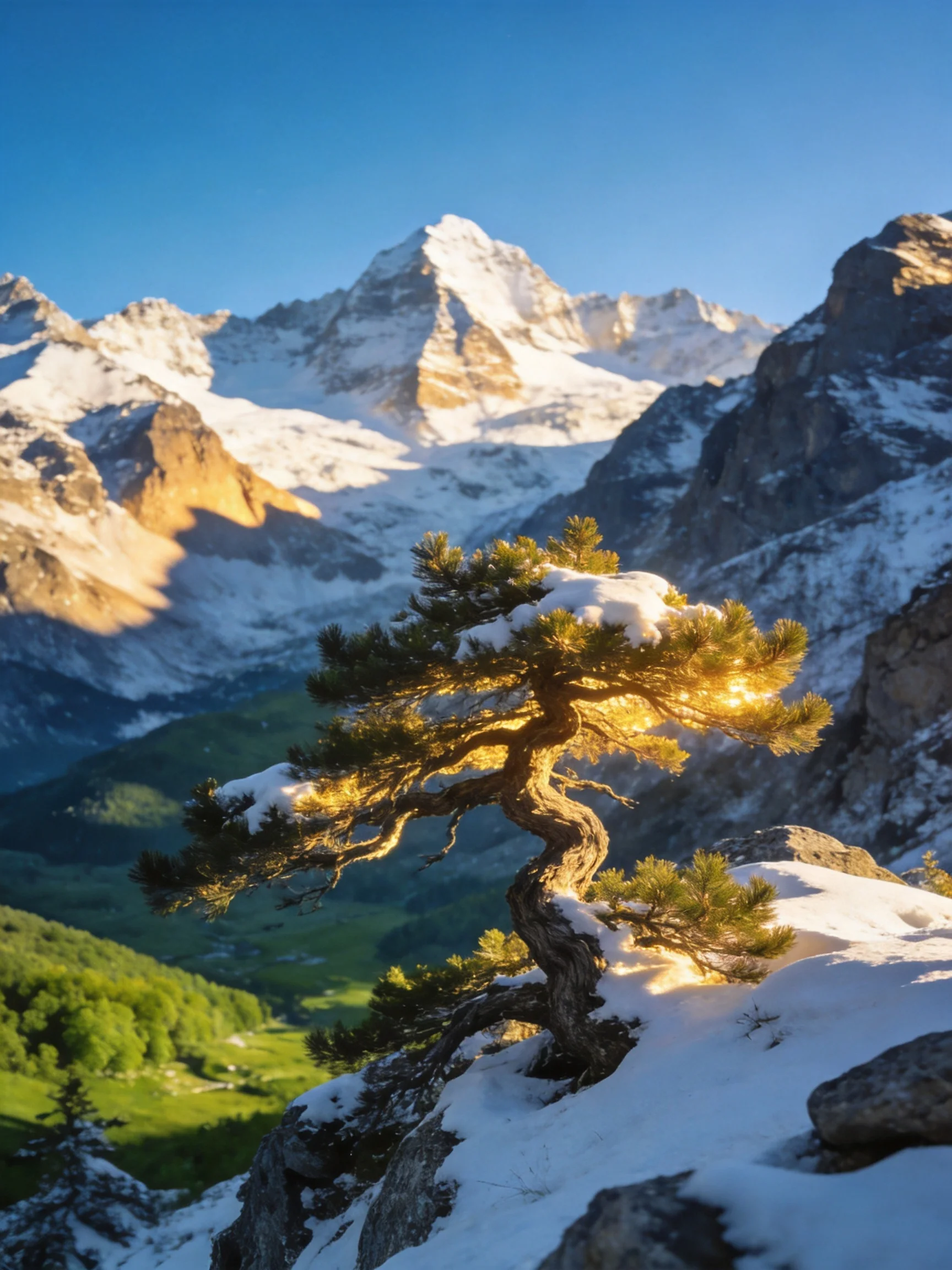 A snow-draped pine near towering mountain peaks