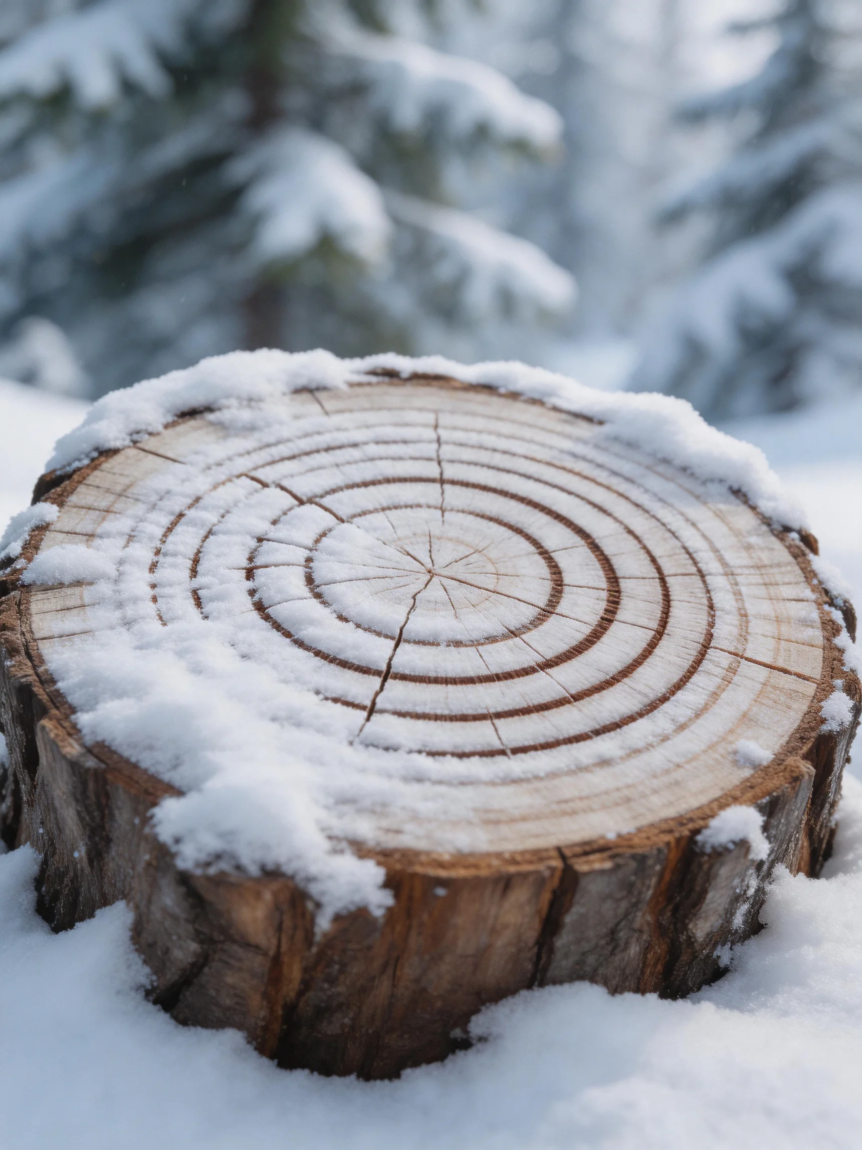 A snow-draped tree stump with prominent growth rings in a wintry forest