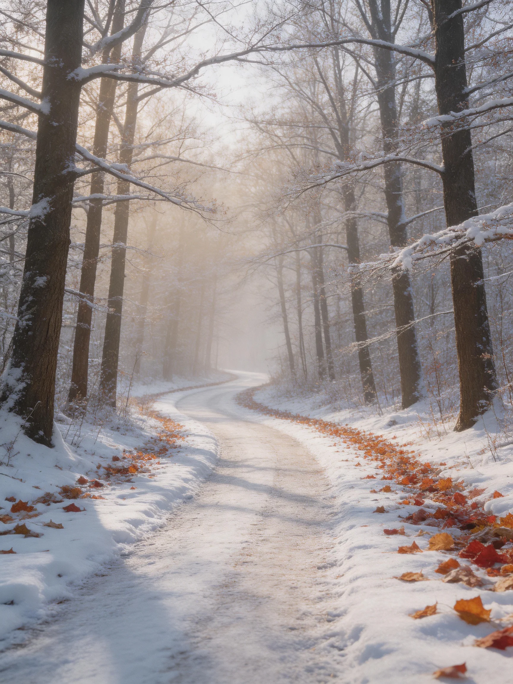 A snow-dusted forest path with scattered autumn leaves and morning fog