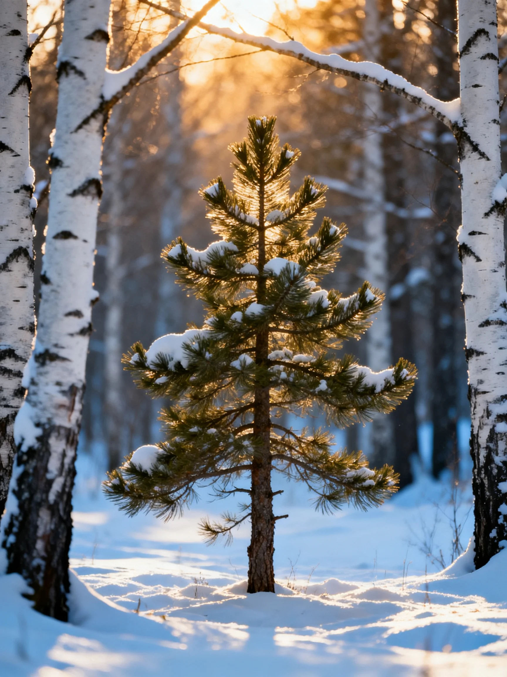 A snow-dusted pine tree stands between white-barked birches in golden light