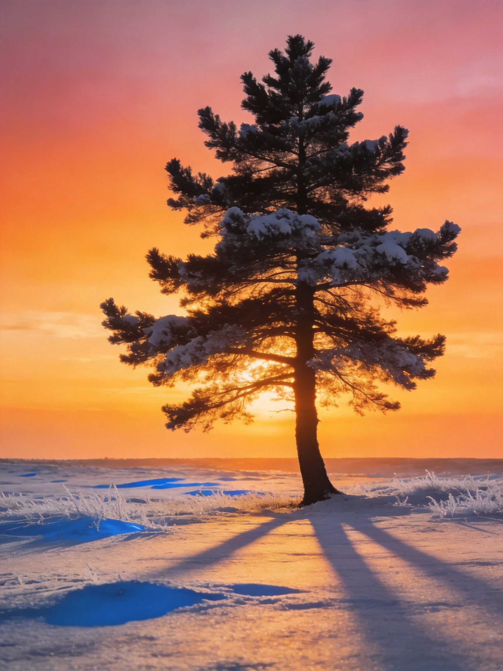 A snow-dusted pine tree stands in a snowy field beneath a vibrant sunset sky