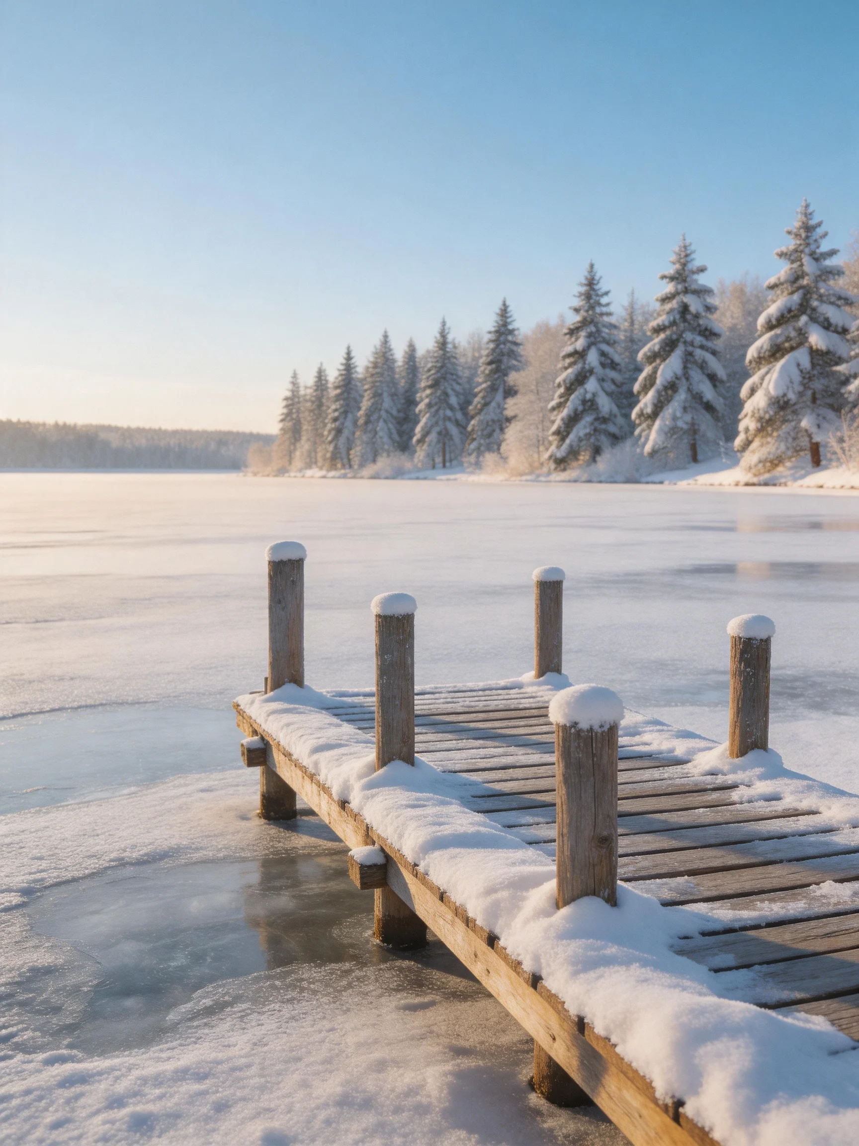 A snow-dusted wooden dock extends over a frozen lake with snow-laden evergreens