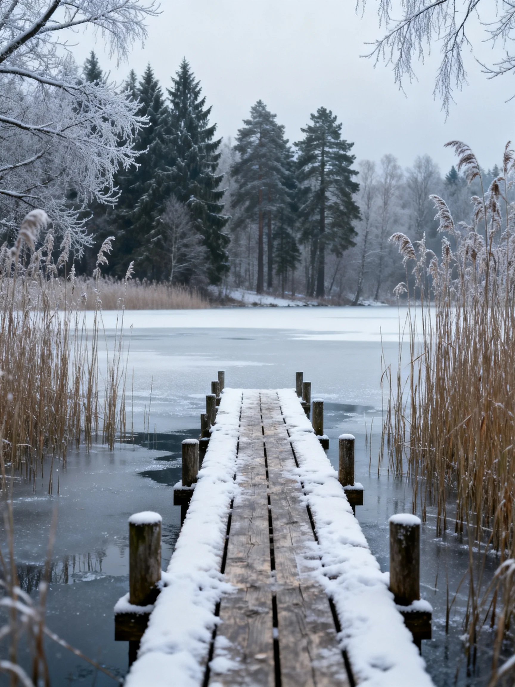 A snow-dusted wooden dock extends toward a frozen winter lake