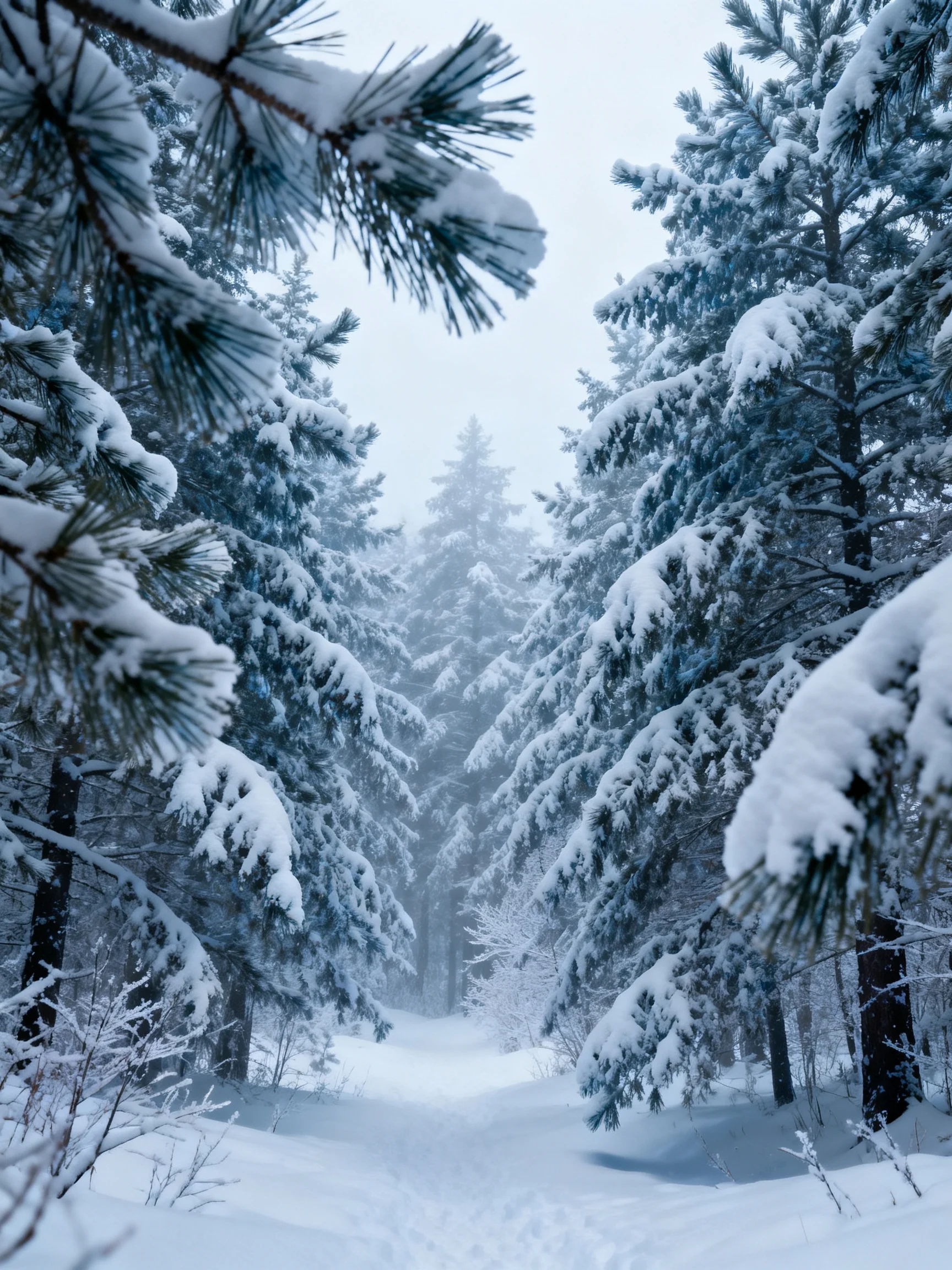 A snow-filled forest path surrounded by heavy-laden evergreen trees