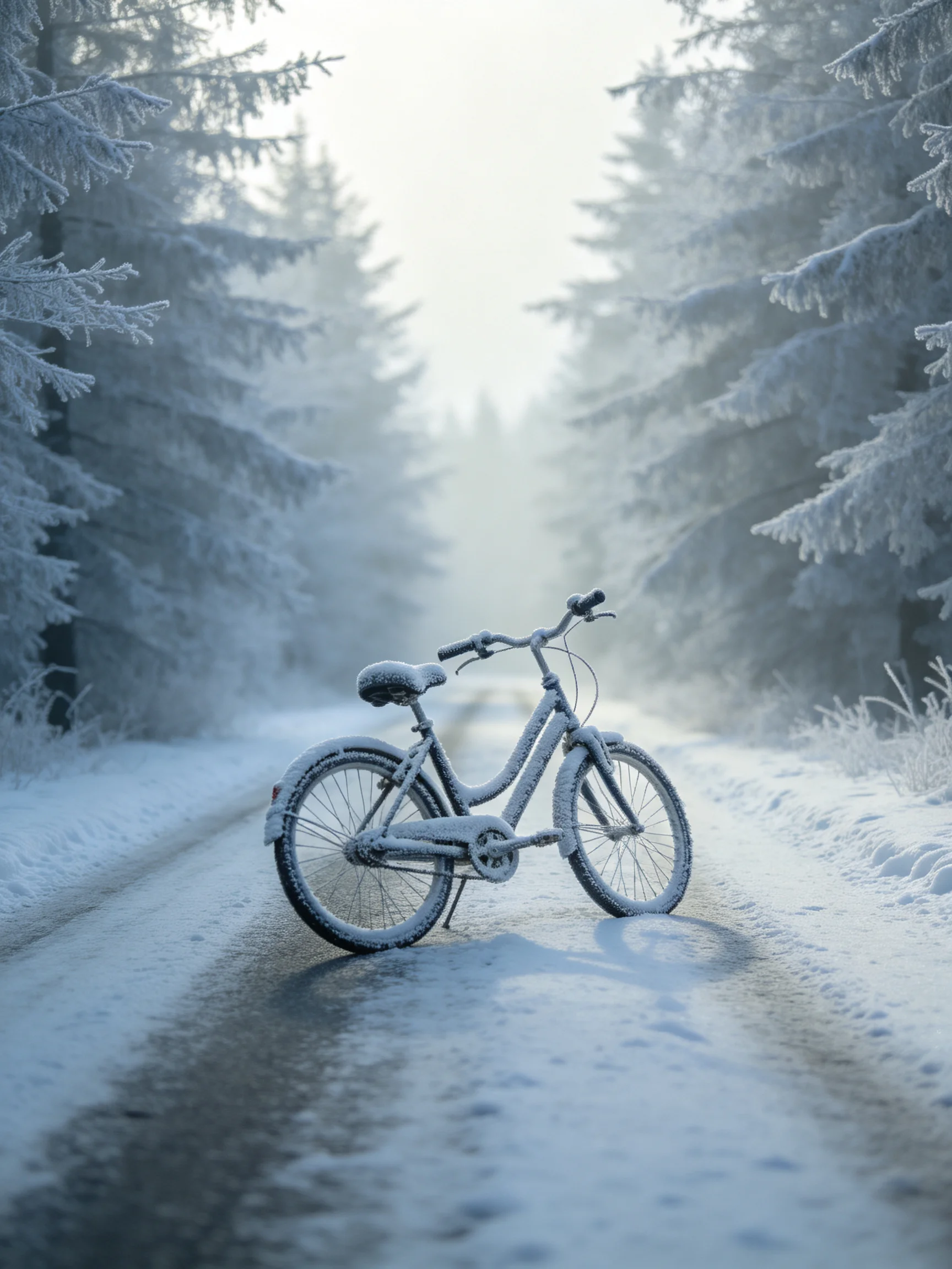 A snow-laden bicycle on a frosty forest road