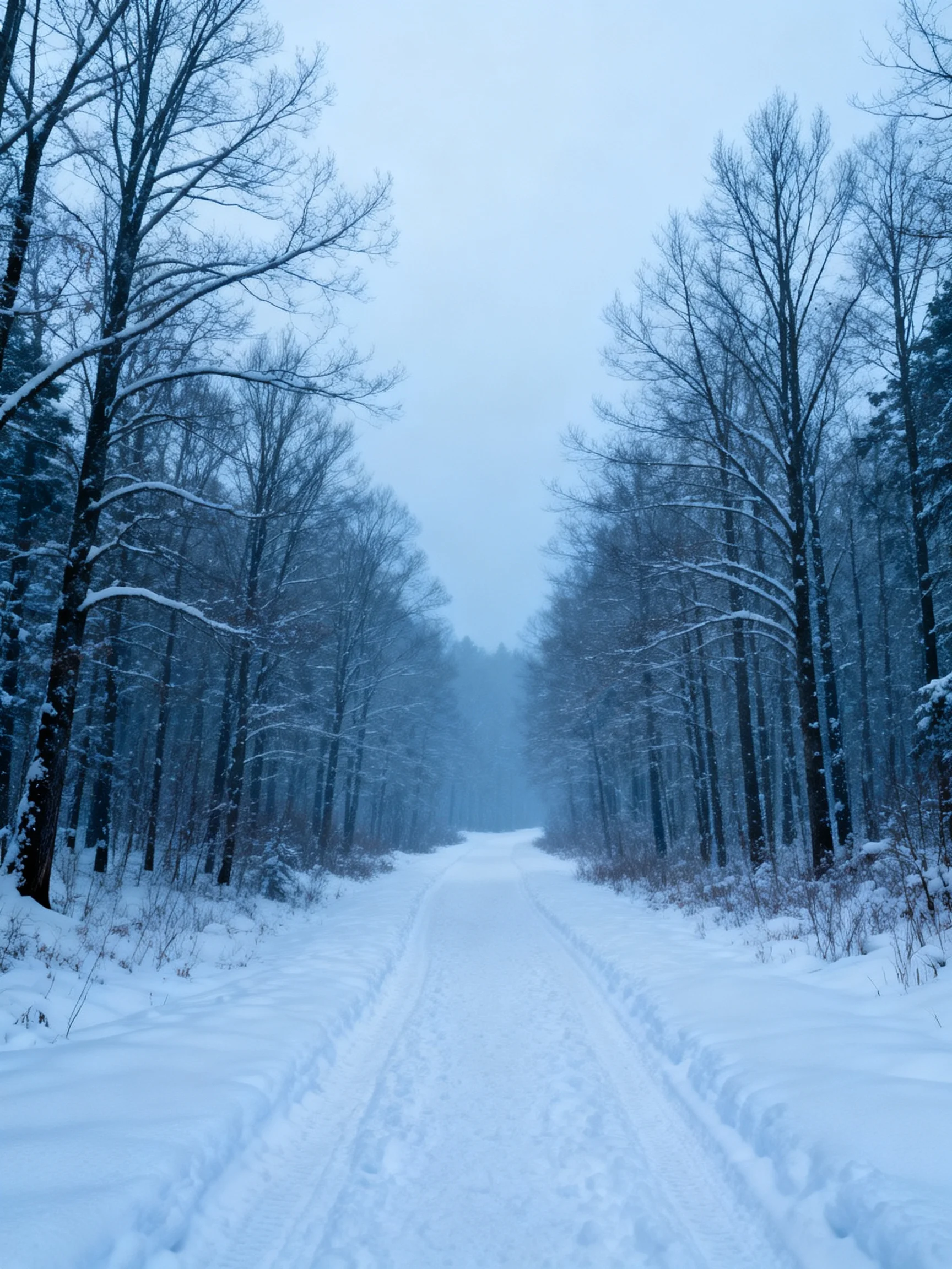A snow-laden forest path bordered by frosty trees under an overcast sky