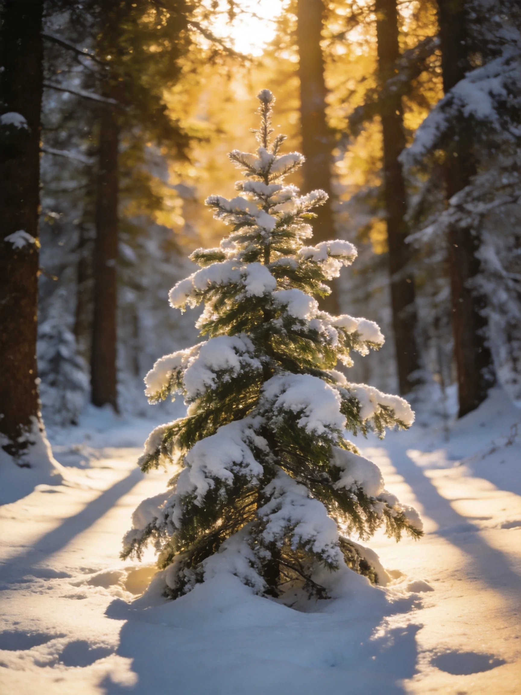 A snow-laden young evergreen amidst tall trees under golden sunlight