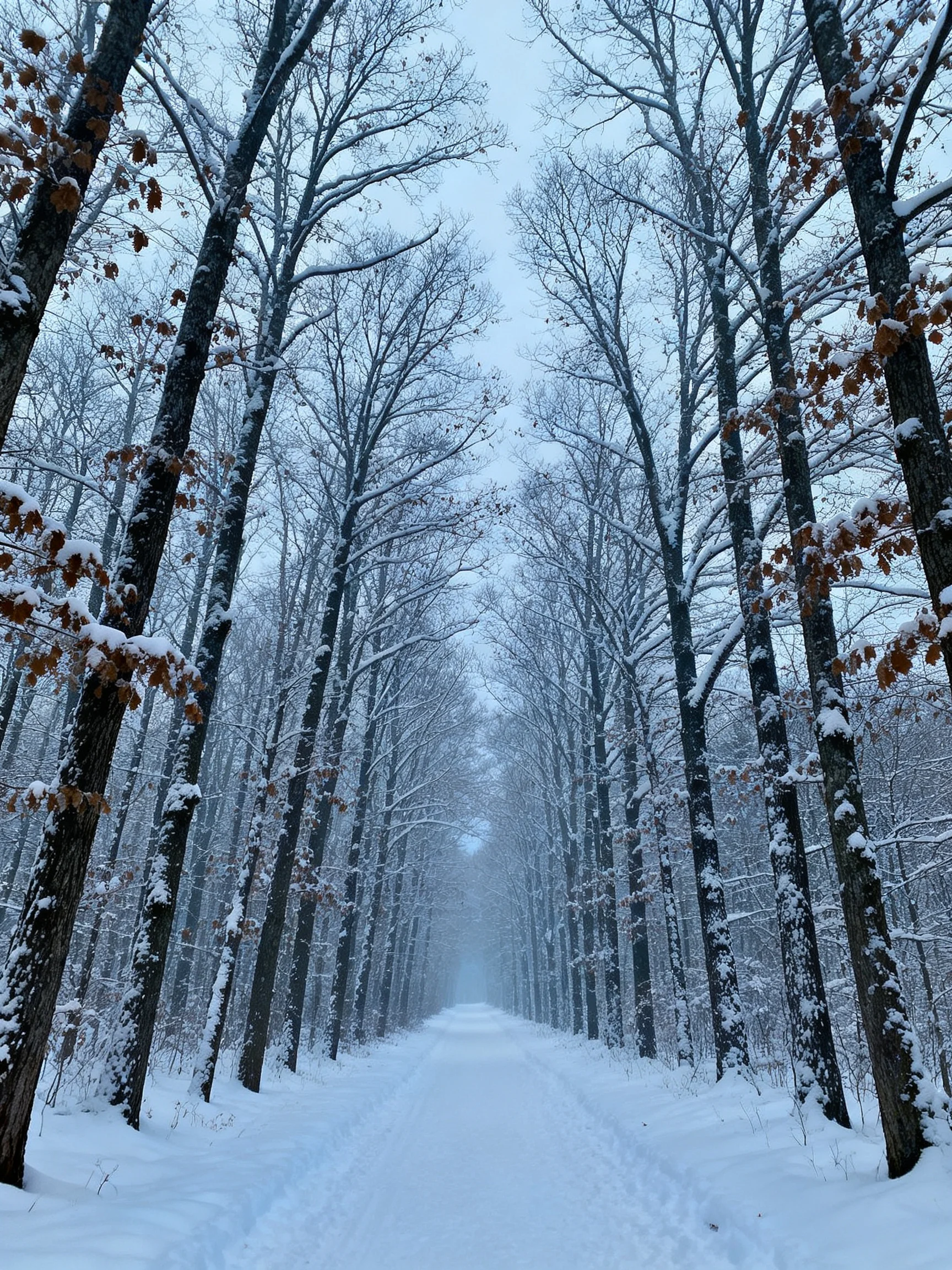 A snowy forest path is bordered by tall snow-covered trees, forming a tranquil winter landscape