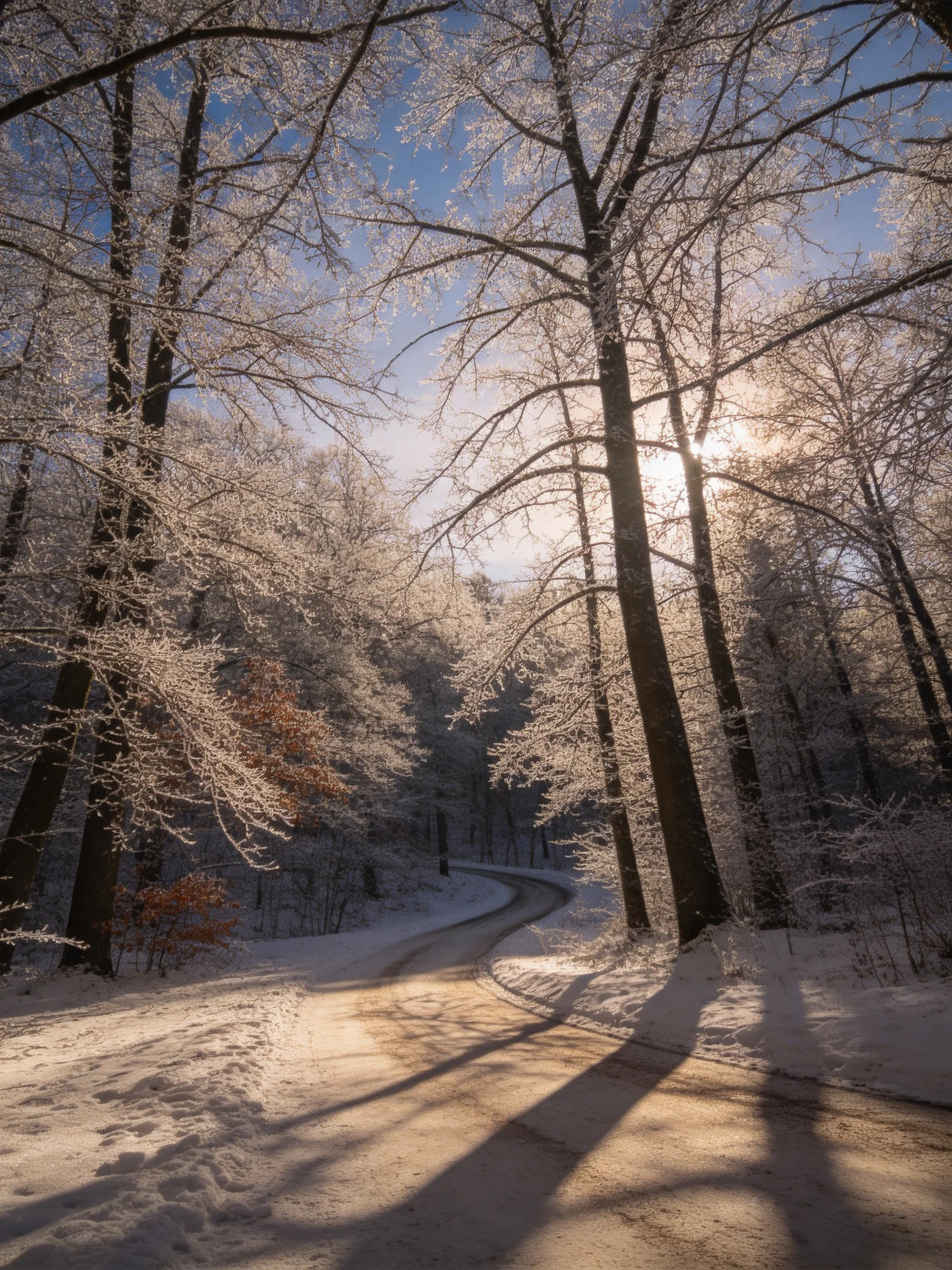 A snowy forest path winds through frost-laden trees under bright sunlight