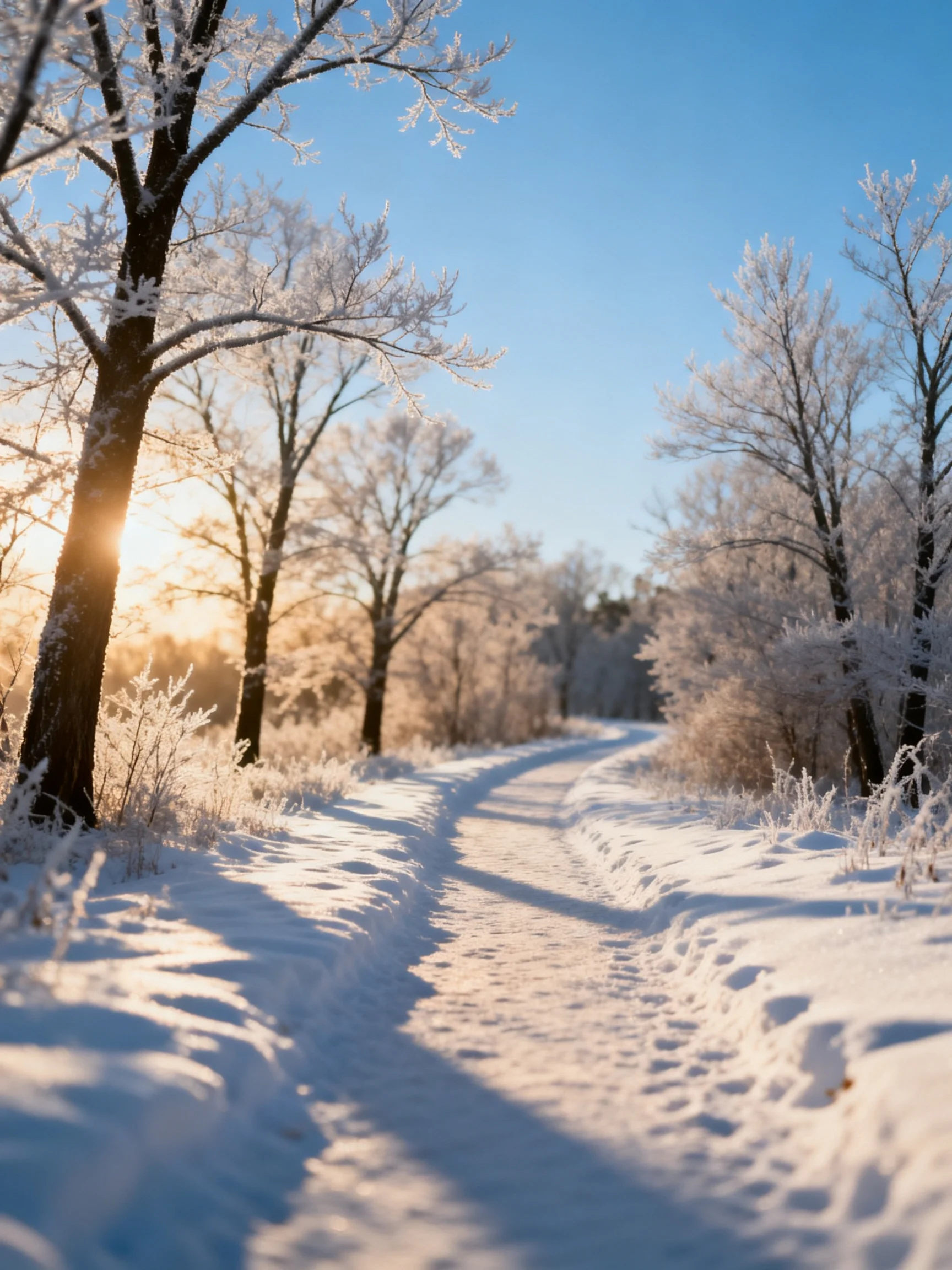 A snowy path winds through frost-laden trees beneath a clear blue sky