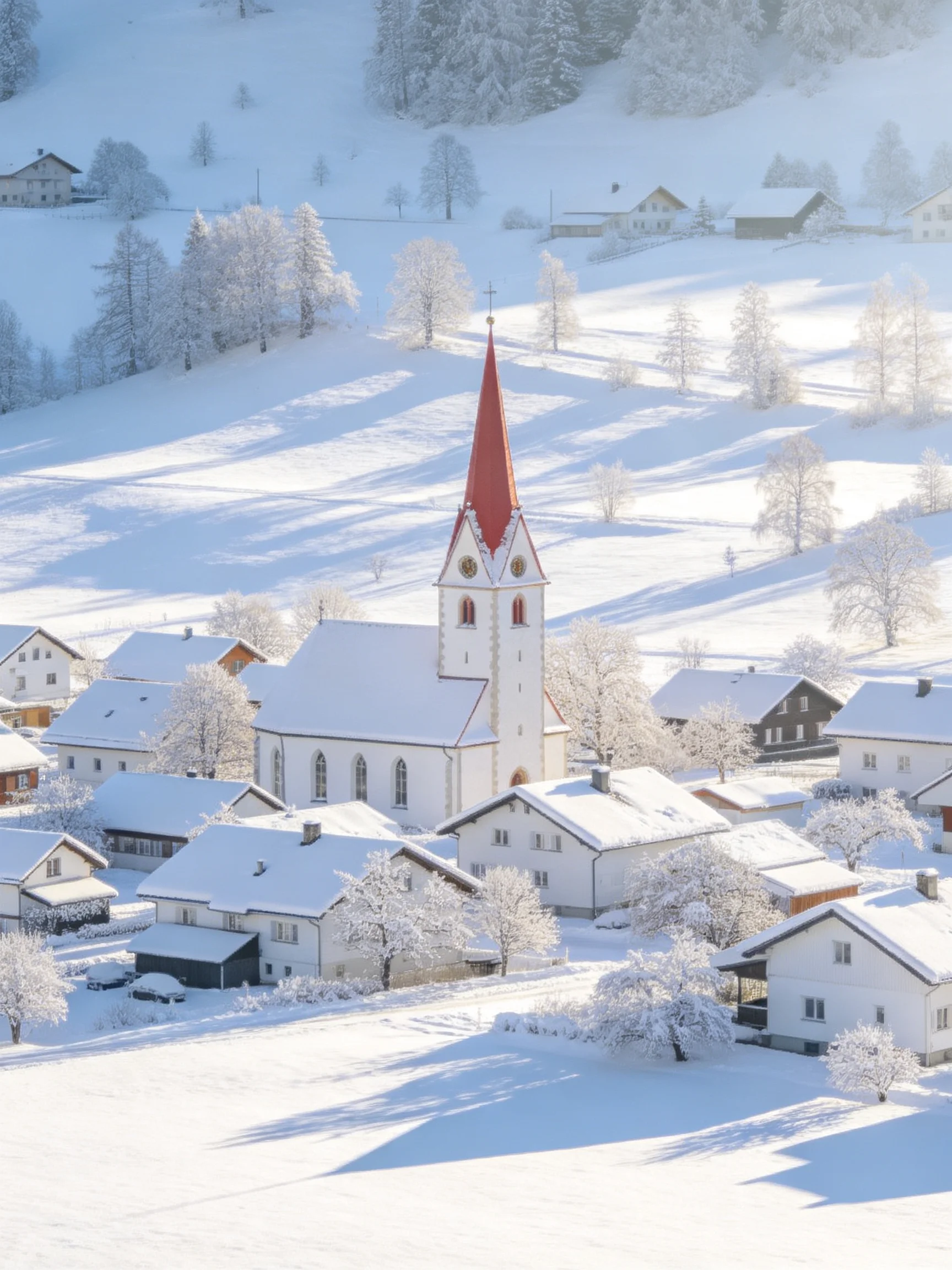 A snowy village with a red-steepled church and white homes