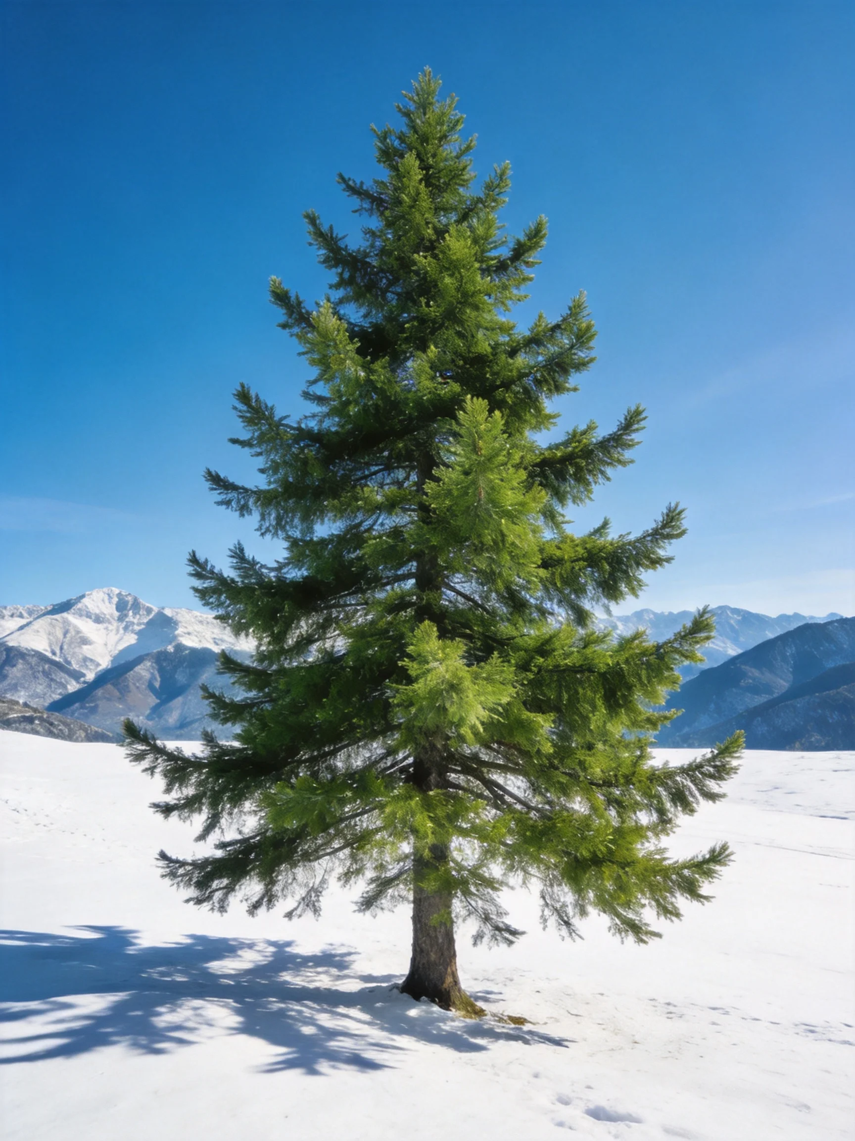 A solitary evergreen tree amidst snow - covered plains with distant mountain peaks