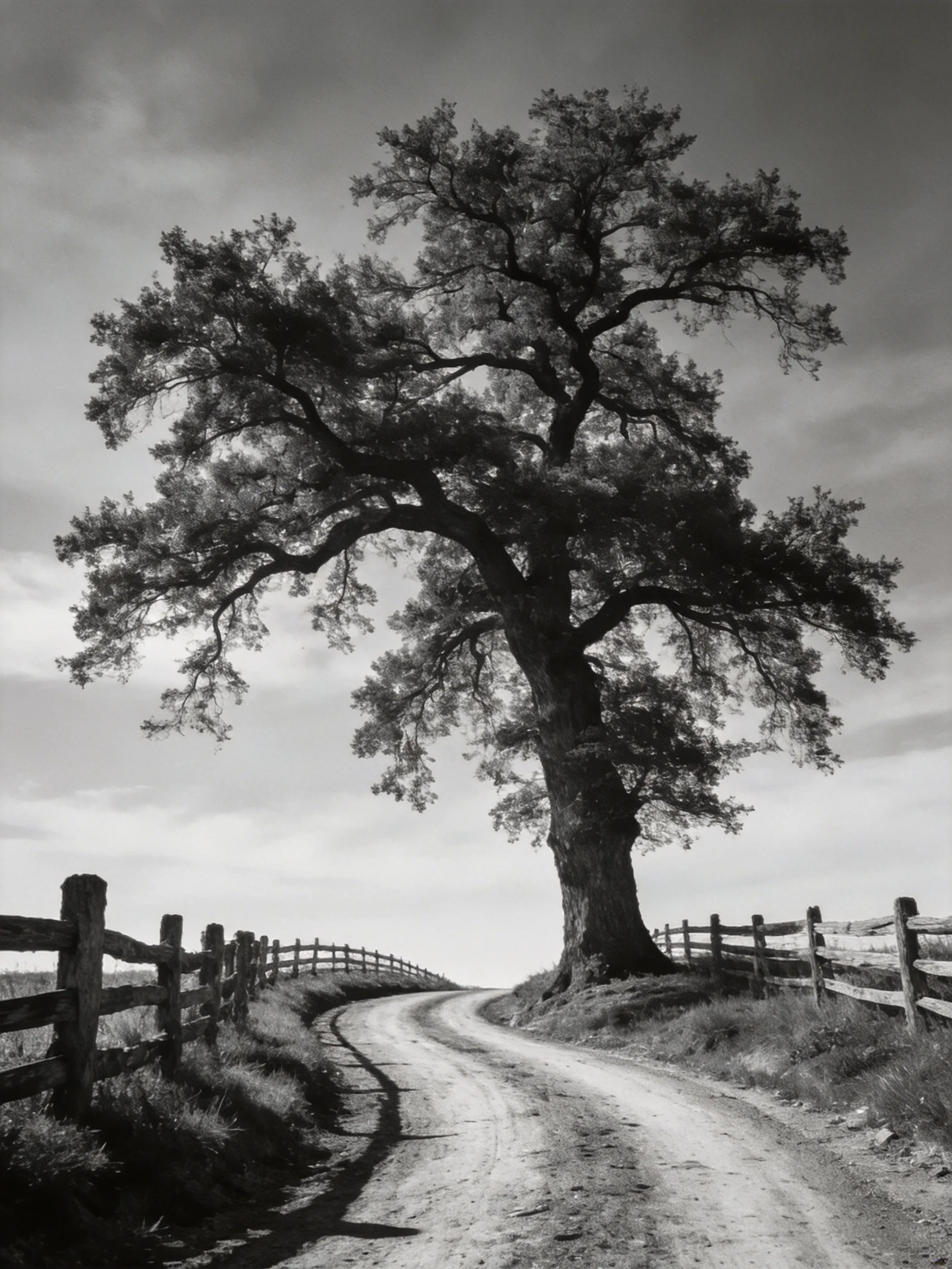 A solitary giant oak stands beside a winding dirt road with wooden fences