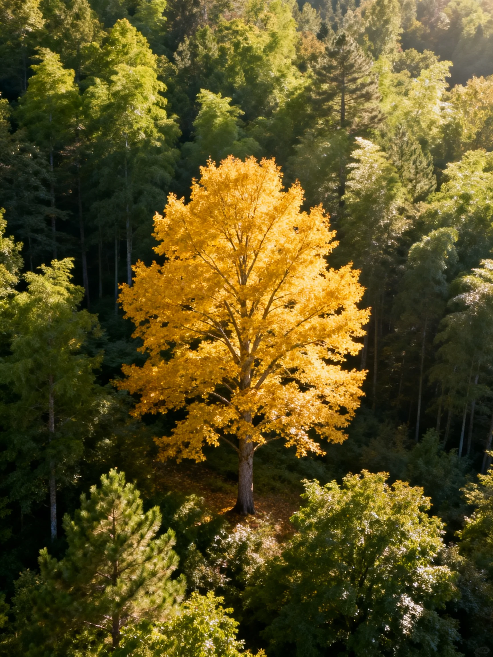 A solitary golden tree stands amid dense green forest foliage