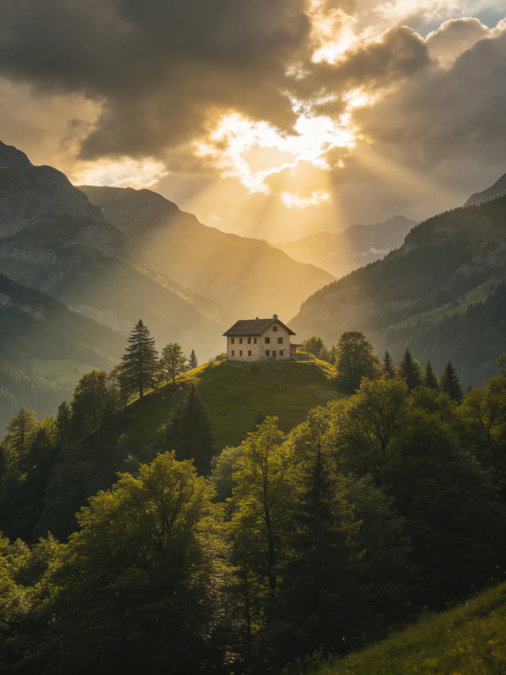A solitary house atop a lush green hill among mountainous terrain