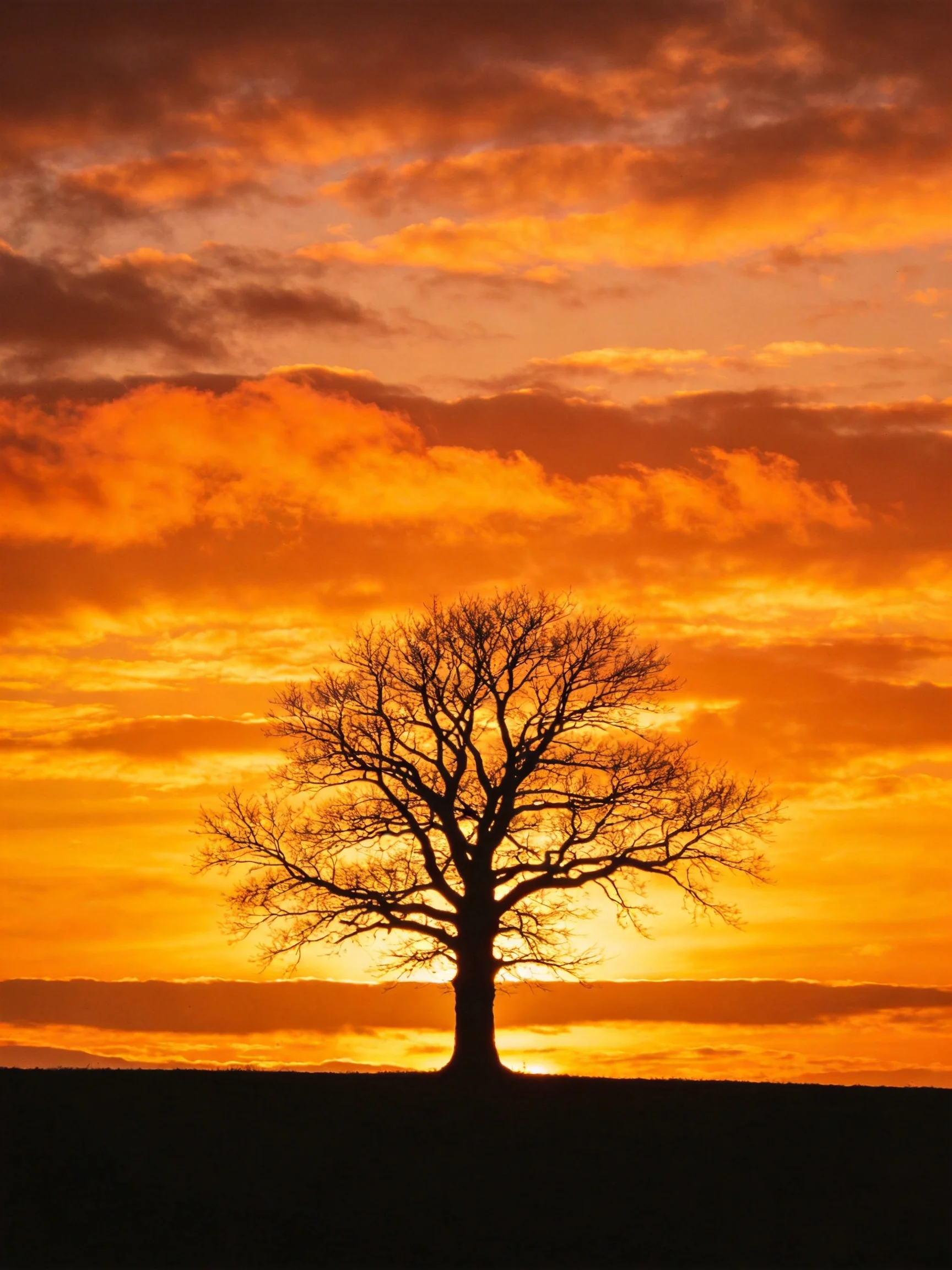 A solitary leafless tree silhouetted by a fiery orange sunset sky